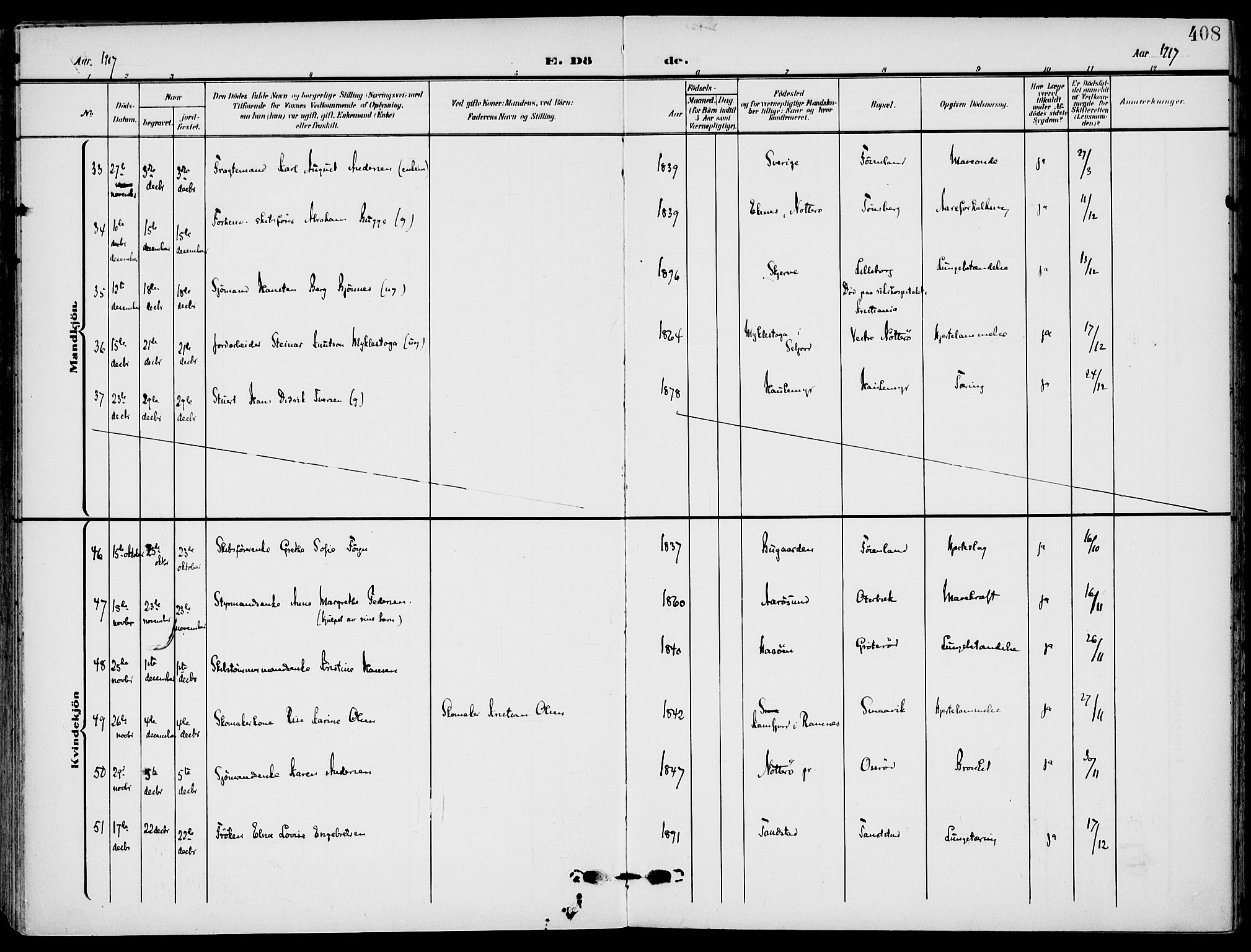 Nøtterøy kirkebøker, AV/SAKO-A-354/F/Fa/L0010: Parish register (official) no. I 10, 1908-1919, p. 408