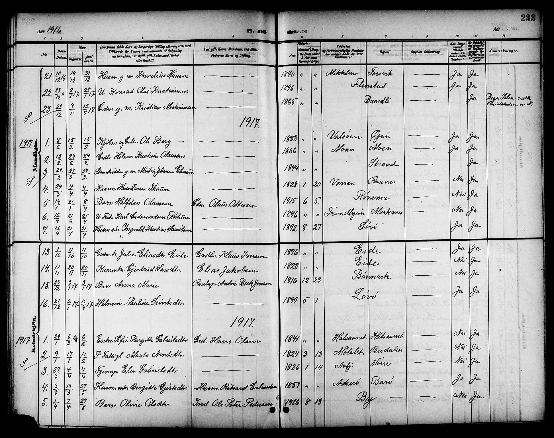 Ministerialprotokoller, klokkerbøker og fødselsregistre - Sør-Trøndelag, SAT/A-1456/655/L0688: Parish register (copy) no. 655C04, 1899-1922, p. 233
