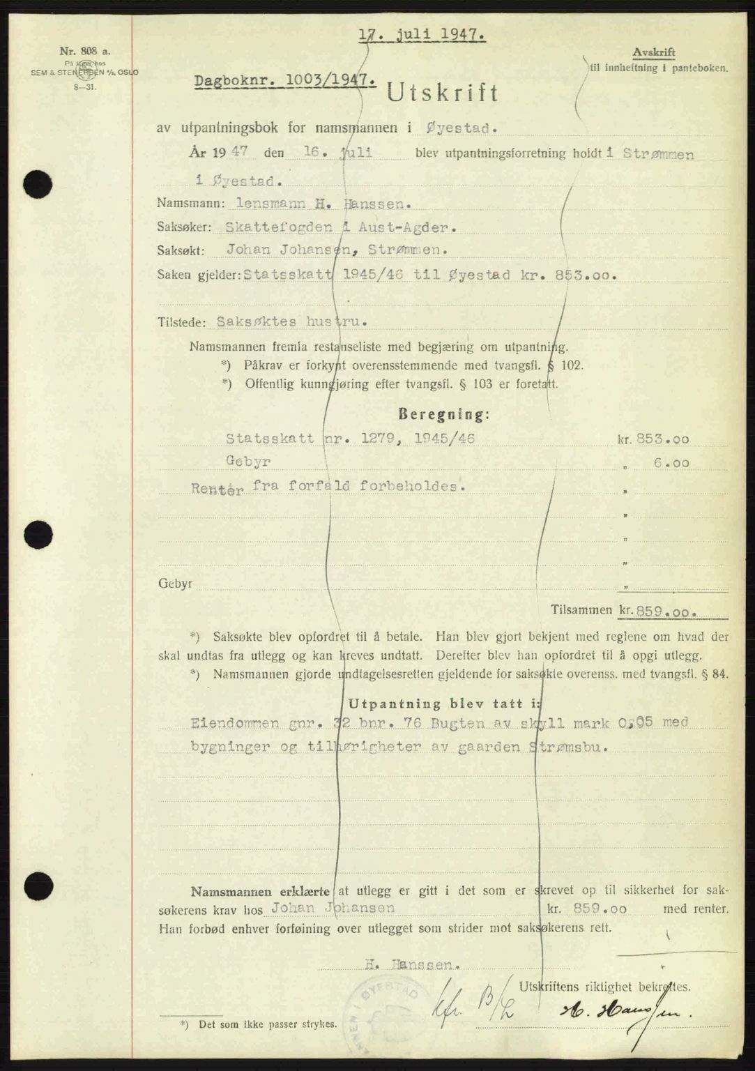 Nedenes sorenskriveri, SAK/1221-0006/G/Gb/Gba/L0057: Mortgage book no. A9, 1947-1947, Diary no: : 1003/1947