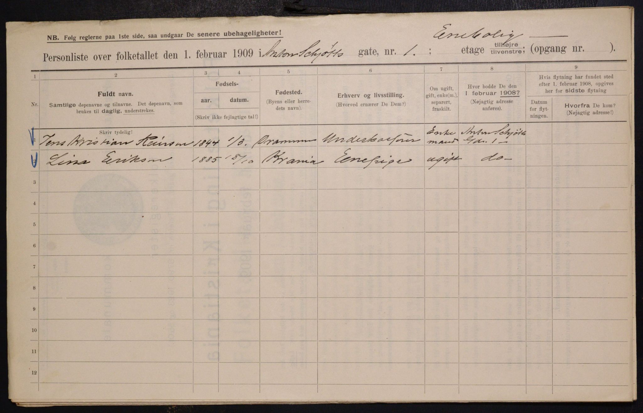 OBA, Municipal Census 1909 for Kristiania, 1909, p. 1300