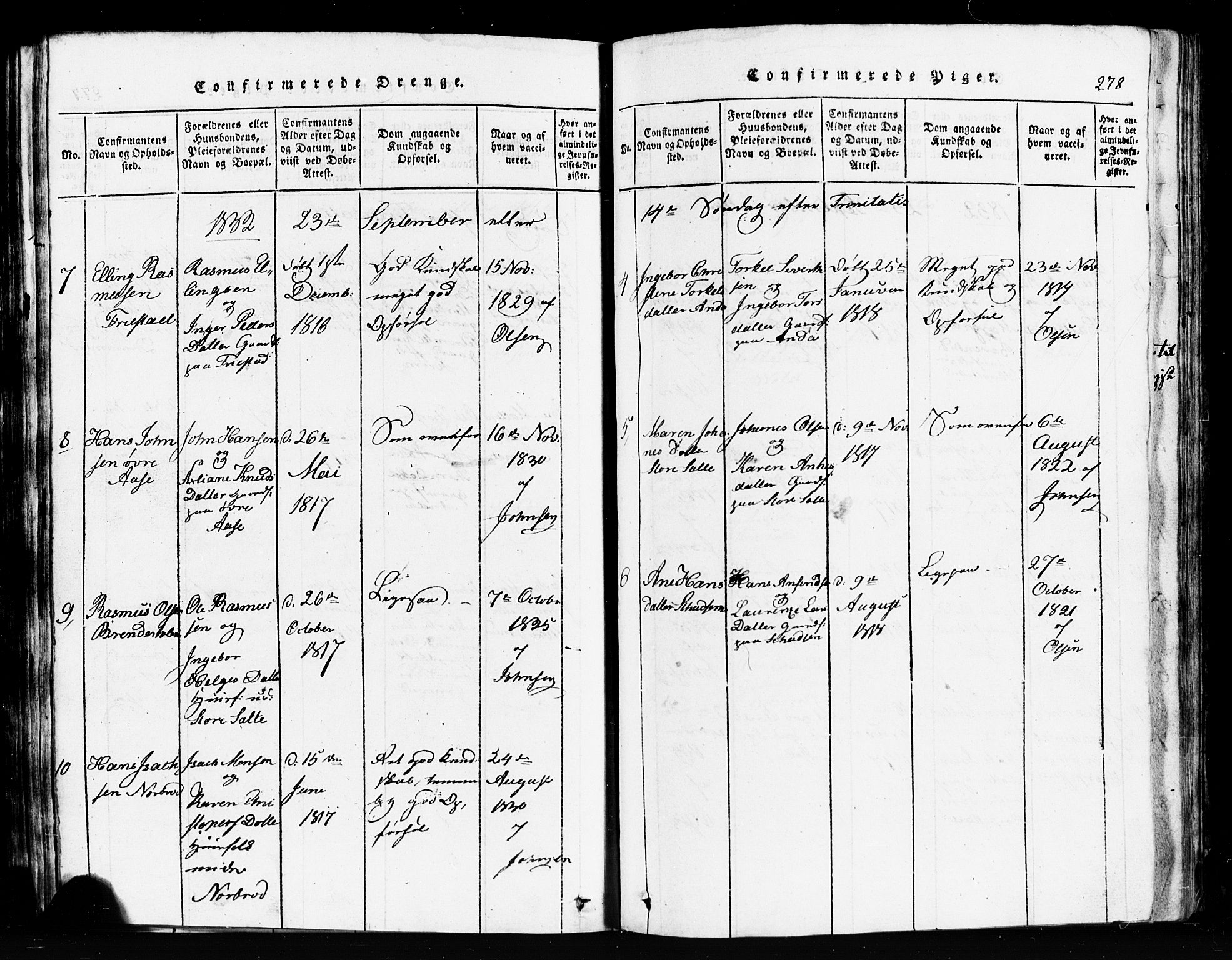 Klepp sokneprestkontor, SAST/A-101803/001/3/30BB/L0001: Parish register (copy) no.  B 1, 1816-1859, p. 278