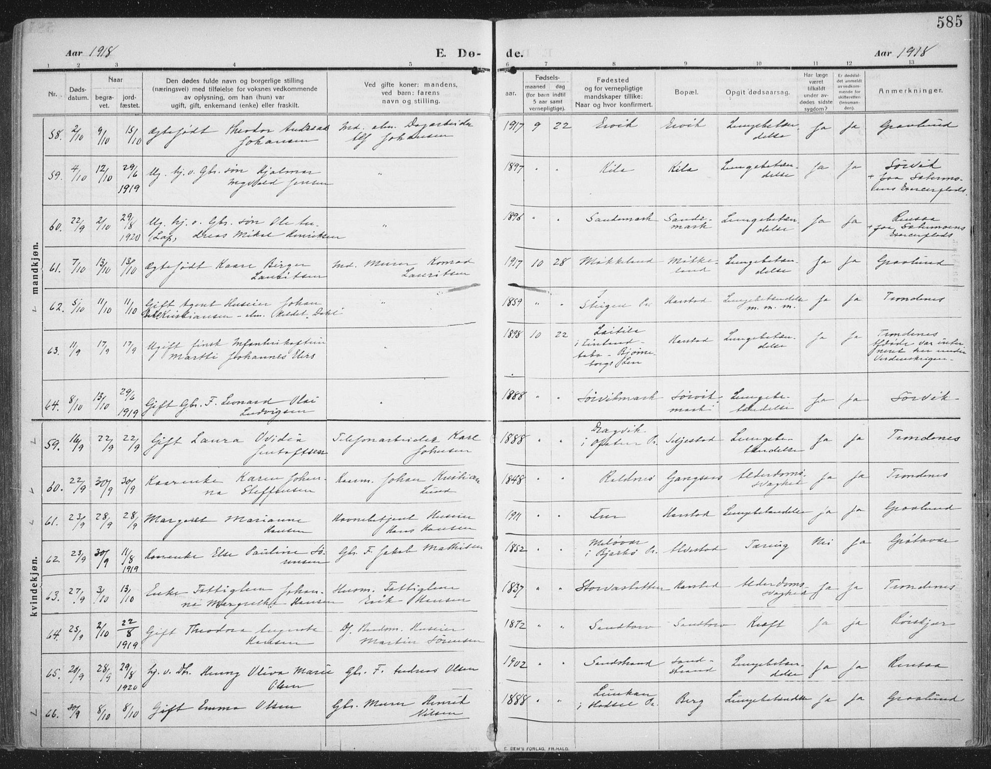 Trondenes sokneprestkontor, AV/SATØ-S-1319/H/Ha/L0018kirke: Parish register (official) no. 18, 1909-1918, p. 585