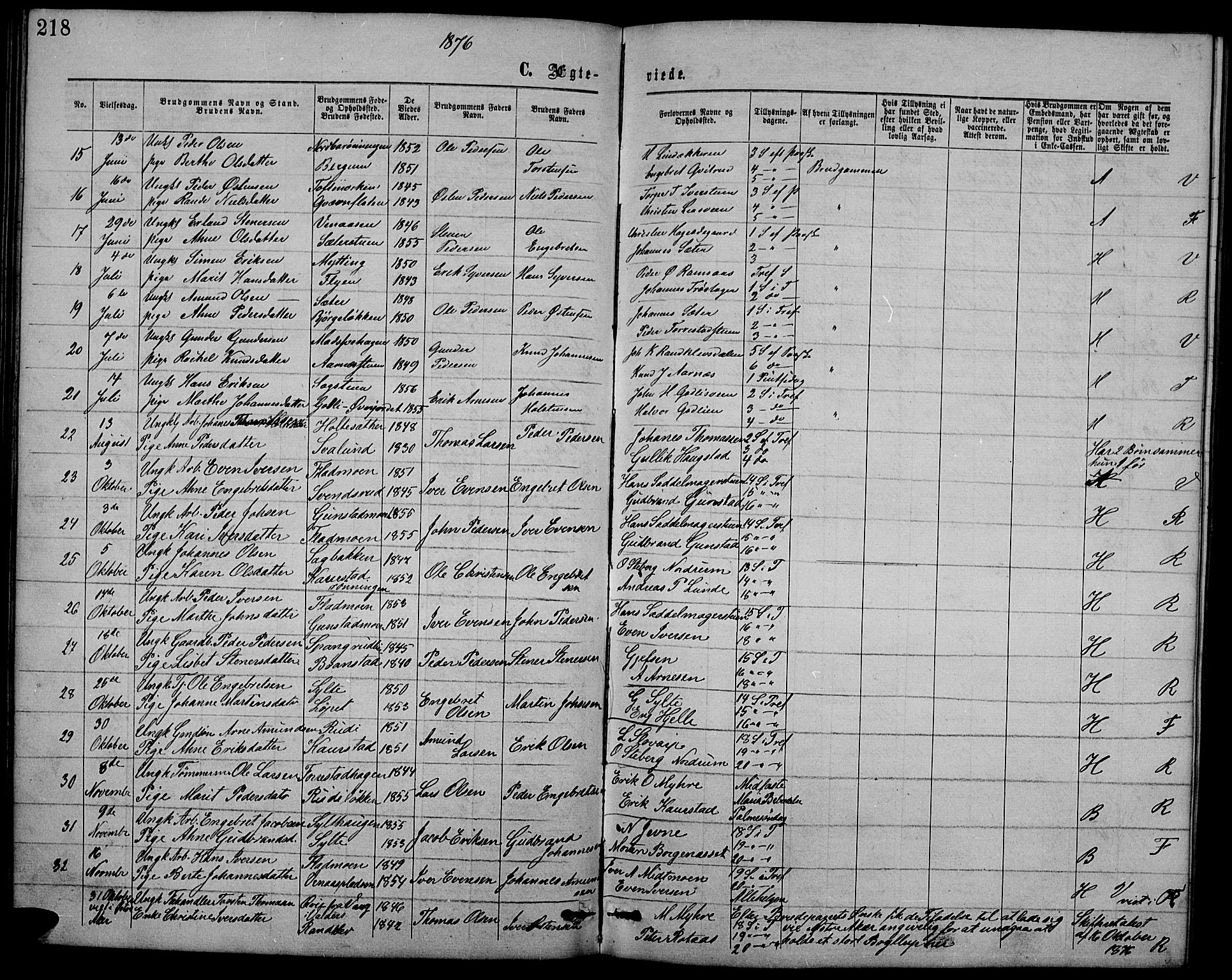 Ringebu prestekontor, SAH/PREST-082/H/Ha/Hab/L0004: Parish register (copy) no. 4, 1867-1879, p. 218