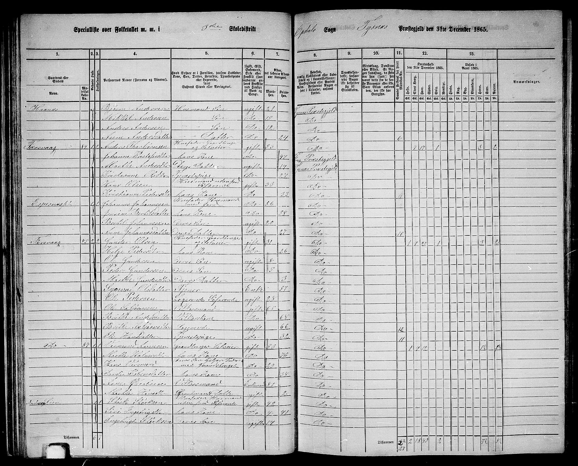 RA, 1865 census for Tysnes, 1865, p. 47