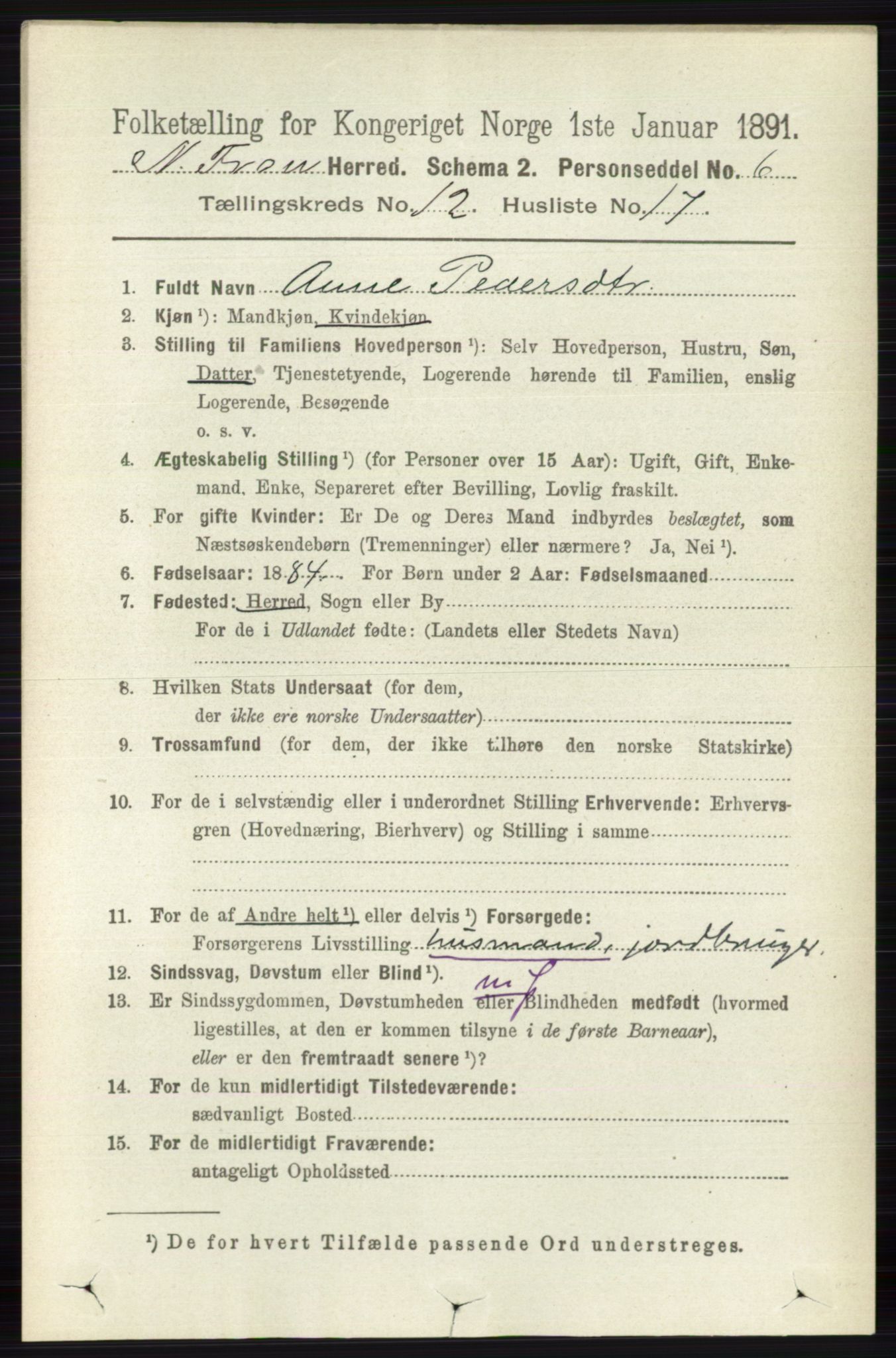 RA, 1891 census for 0518 Nord-Fron, 1891, p. 5189