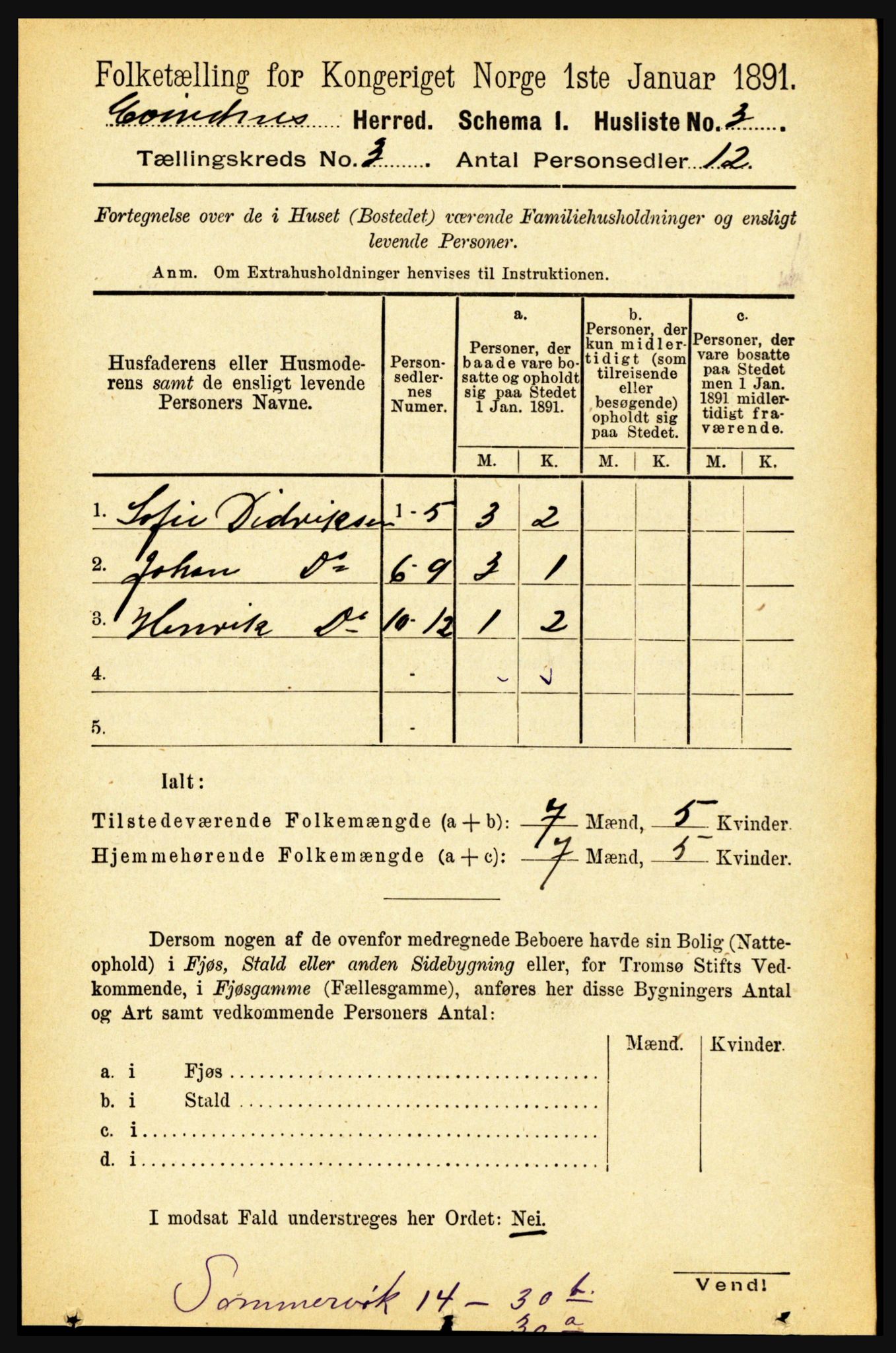 RA, 1891 census for 1853 Evenes, 1891, p. 678