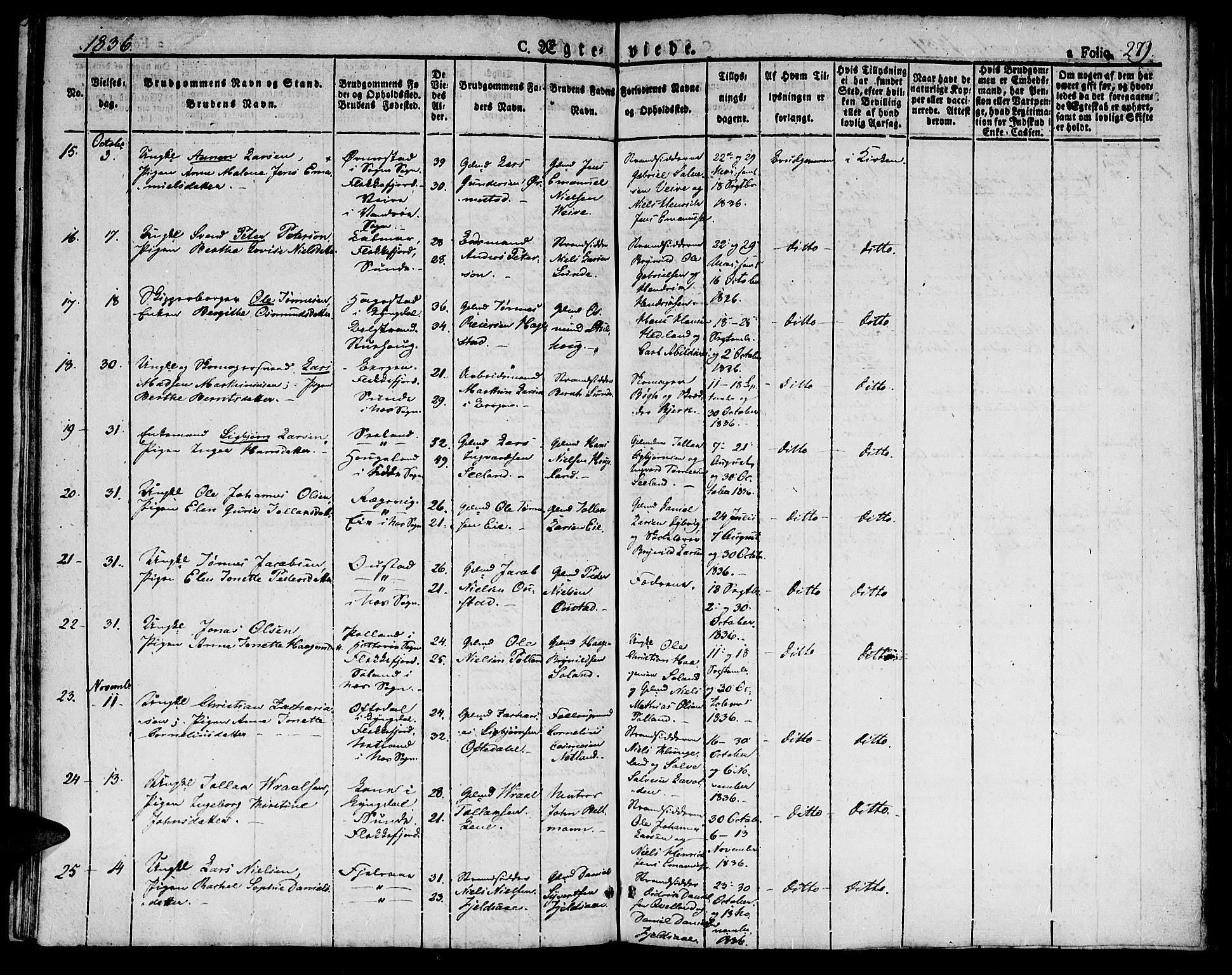 Flekkefjord sokneprestkontor, AV/SAK-1111-0012/F/Fb/Fbc/L0004: Parish register (copy) no. B 4, 1827-1846, p. 279