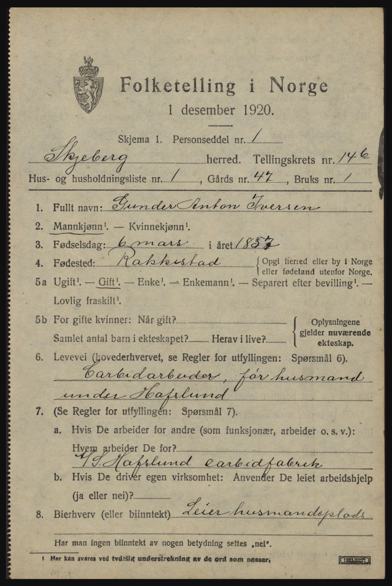 SAO, 1920 census for Skjeberg, 1920, p. 13669