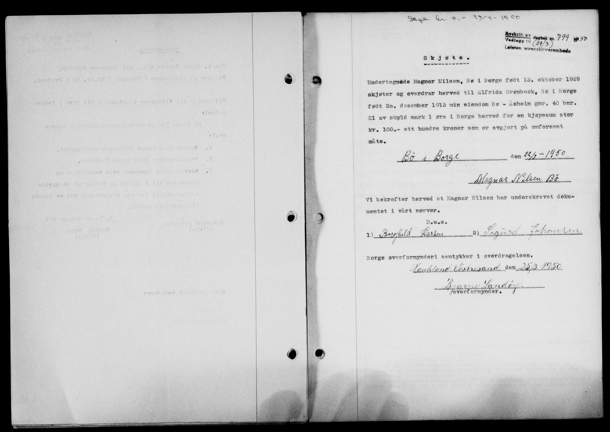Lofoten sorenskriveri, SAT/A-0017/1/2/2C/L0023a: Mortgage book no. 23a, 1950-1950, Diary no: : 799/1950