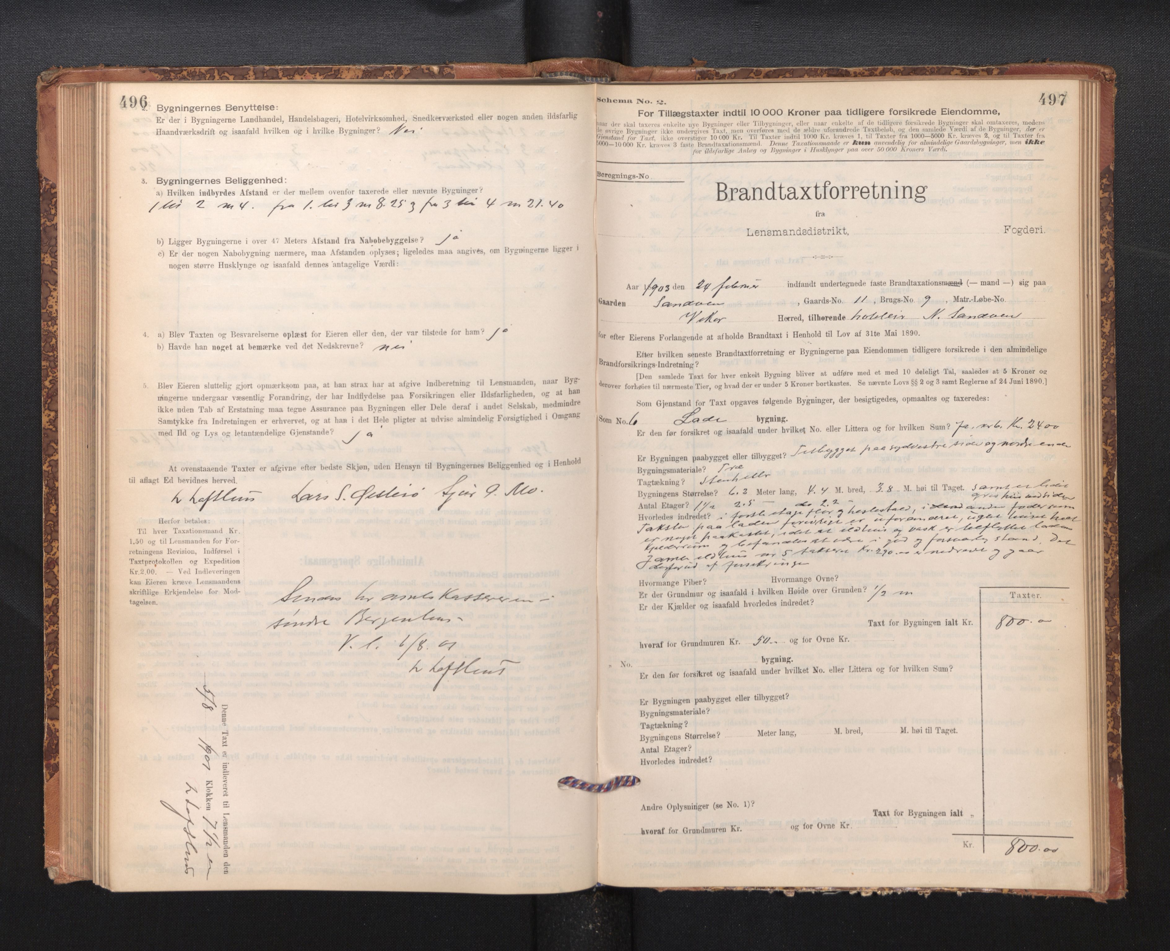 Lensmannen i Kvam, SAB/A-33201/0012/L0005: Branntakstprotokoll, skjematakst, 1894-1913, p. 496-497