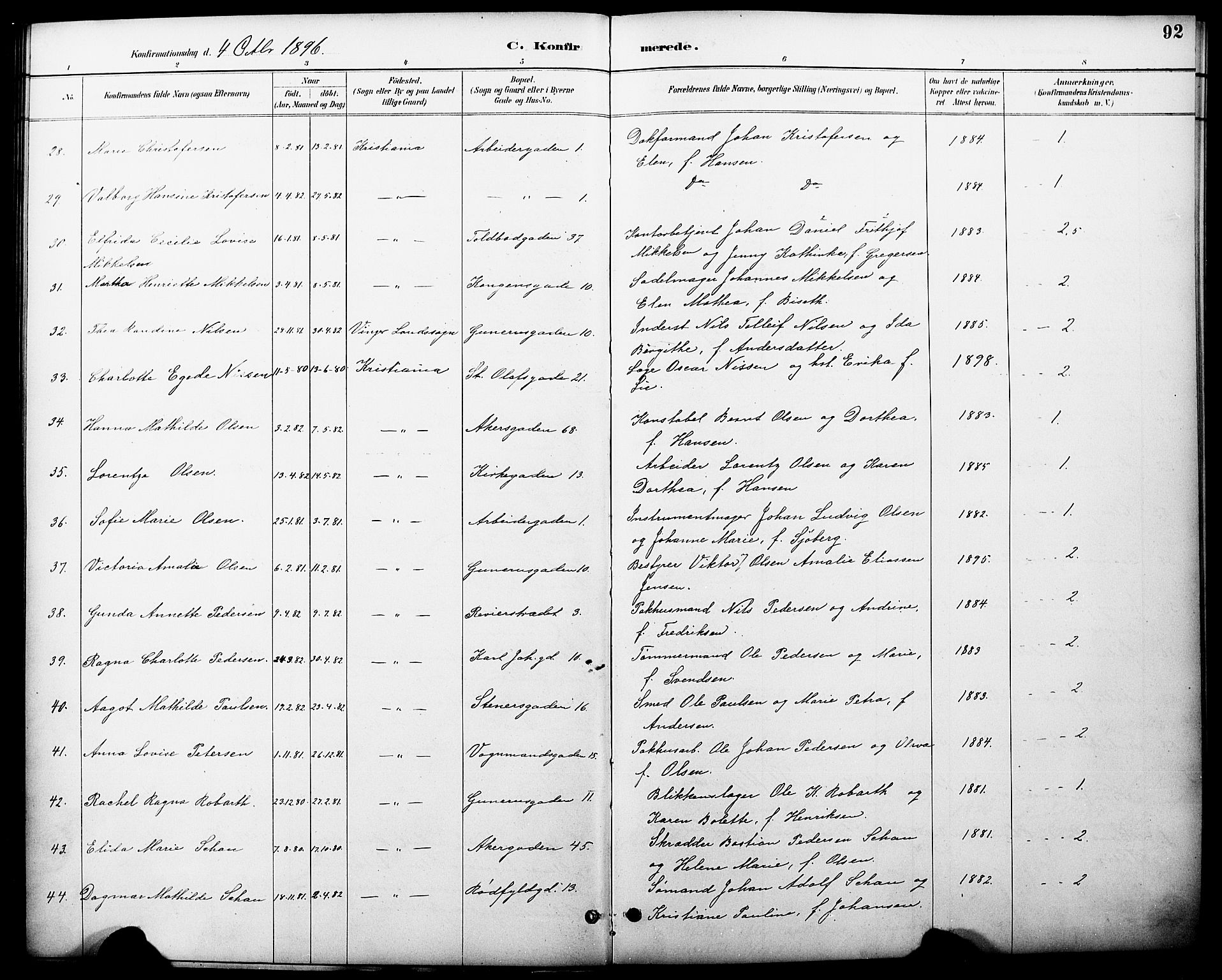 Oslo domkirke Kirkebøker, AV/SAO-A-10752/F/Fa/L0030: Parish register (official) no. 30, 1887-1918, p. 92