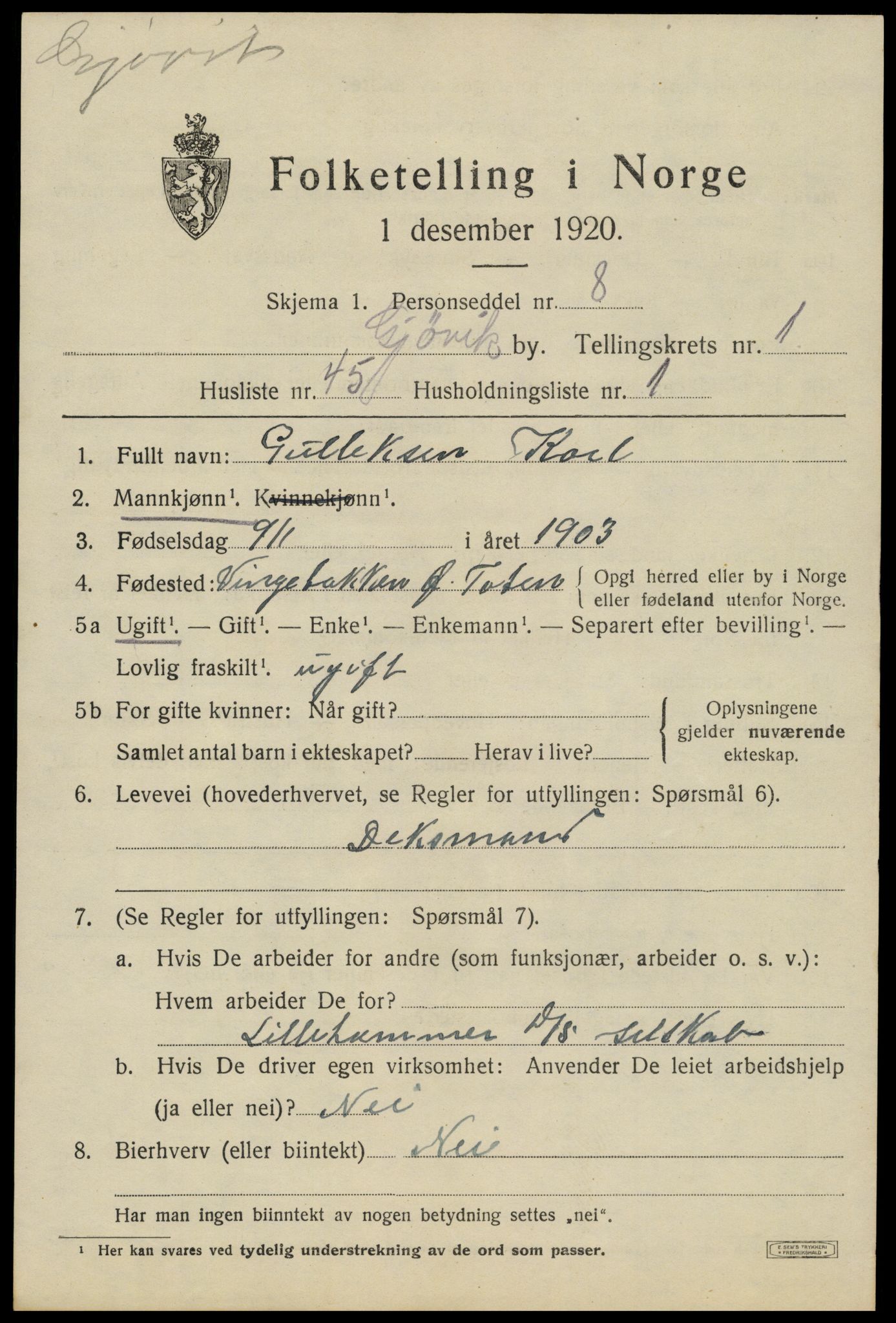 SAH, 1920 census for Gjøvik, 1920, p. 4384