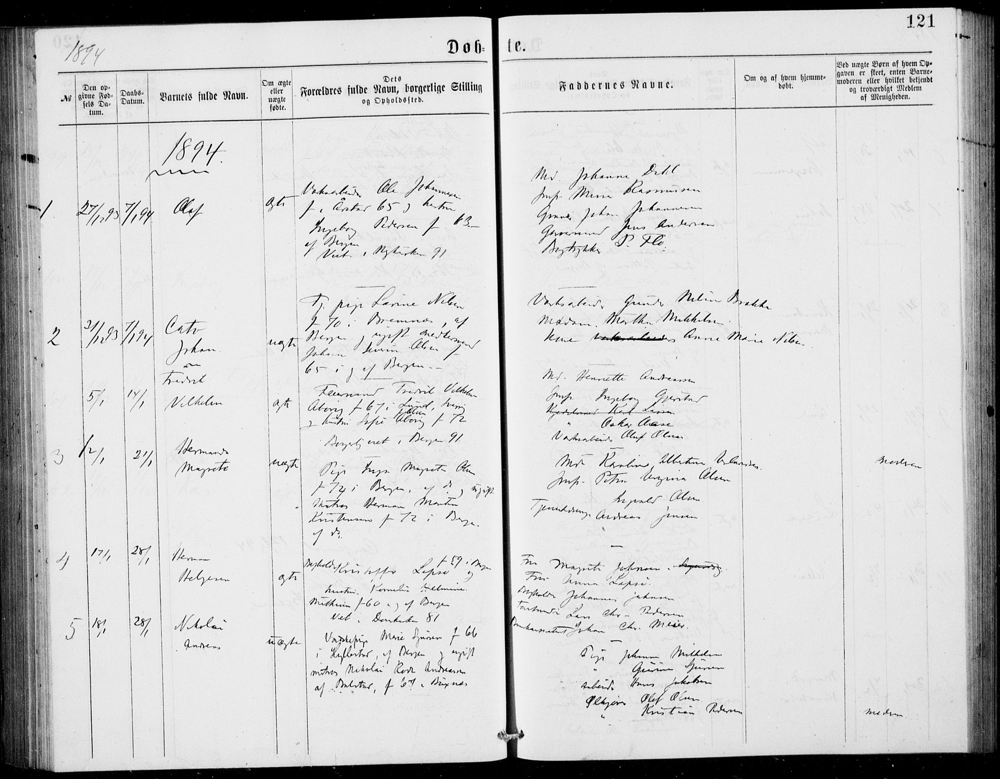 Fødselsstiftelsens sokneprestembete, ført av overlegen*, SAB/-: Parish register (official) no. A 2, 1884-1900, p. 121