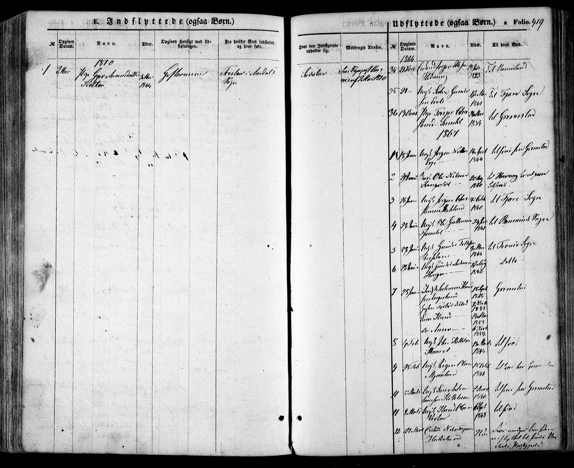 Evje sokneprestkontor, SAK/1111-0008/F/Fa/Faa/L0006: Parish register (official) no. A 6, 1866-1884, p. 419