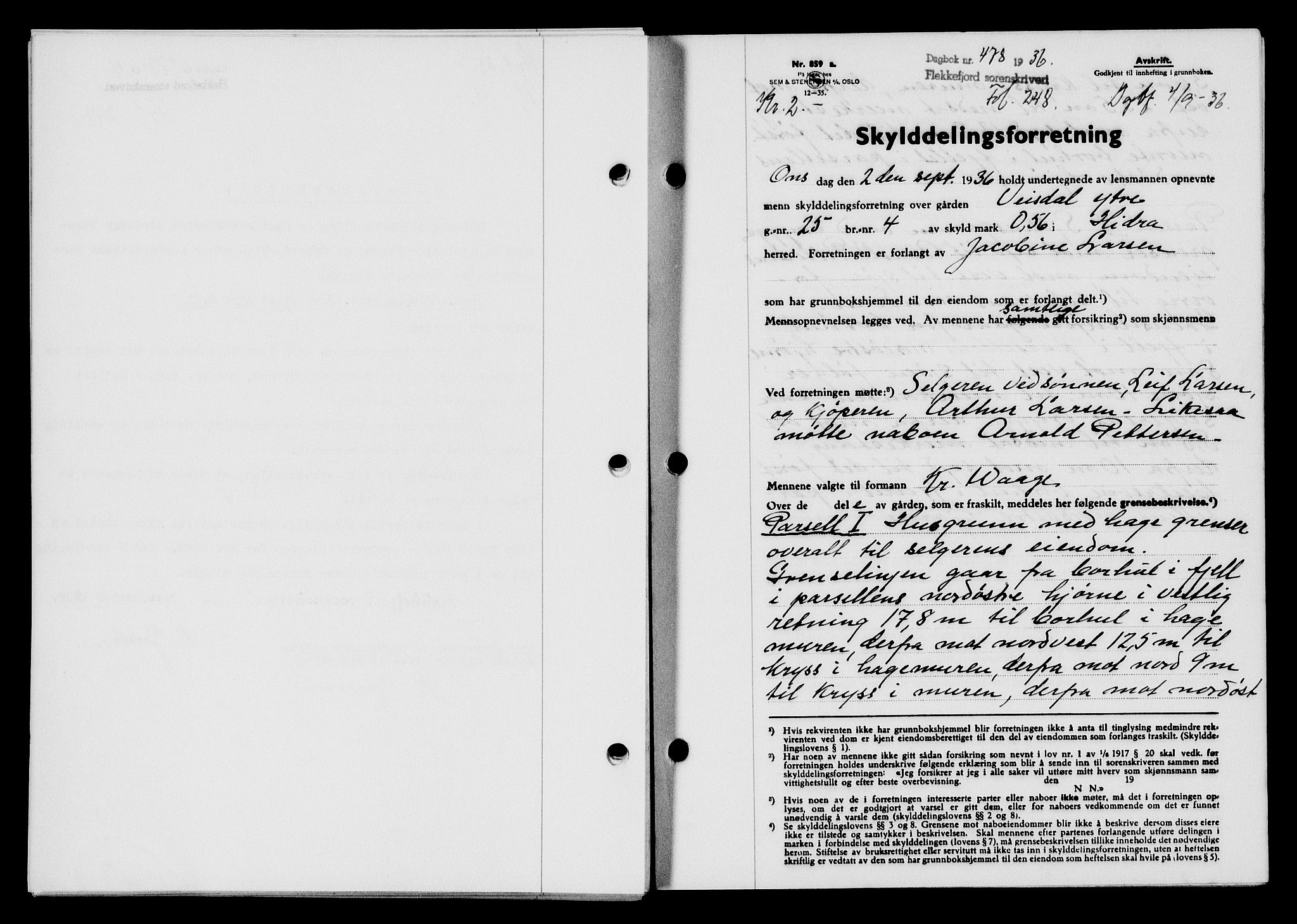 Flekkefjord sorenskriveri, SAK/1221-0001/G/Gb/Gba/L0053: Mortgage book no. A-1, 1936-1937, Diary no: : 478/1936