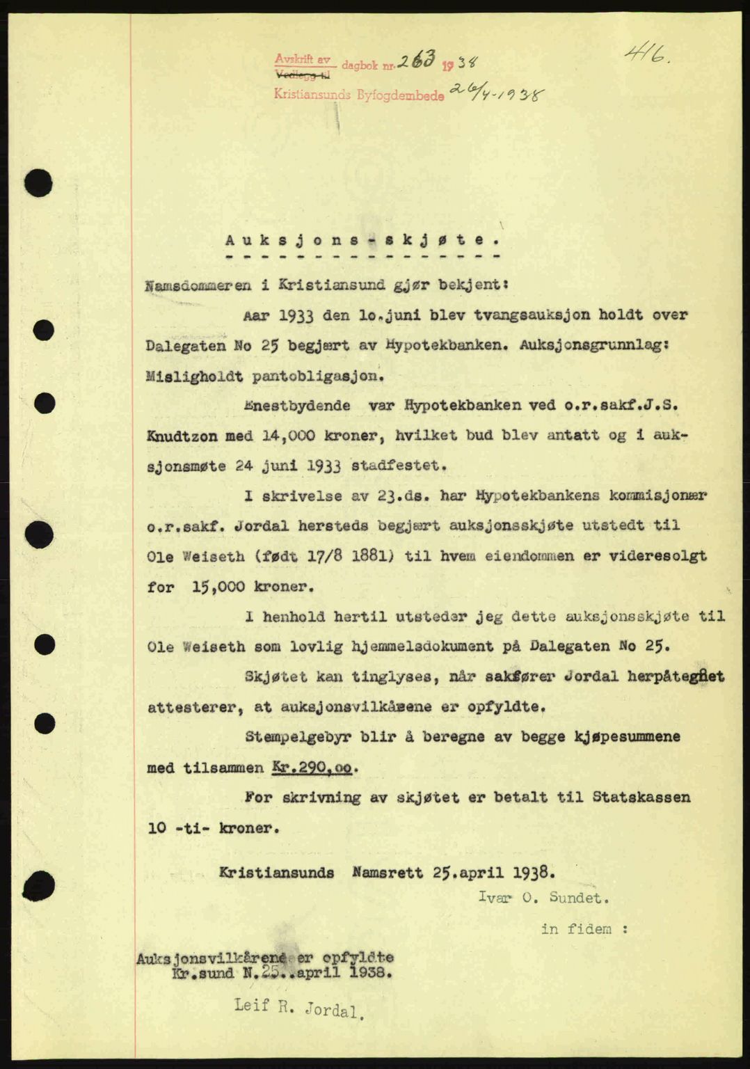 Kristiansund byfogd, AV/SAT-A-4587/A/27: Mortgage book no. 30, 1936-1941, Diary no: : 263/1938