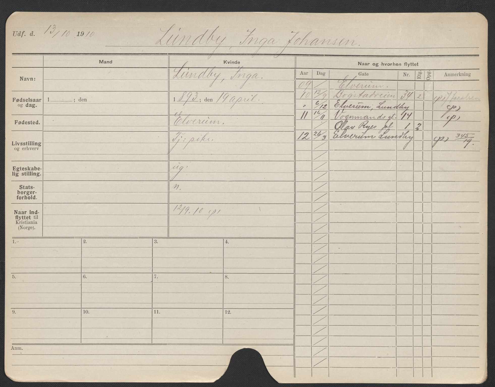 Oslo folkeregister, Registerkort, AV/SAO-A-11715/F/Fa/Fac/L0020: Kvinner, 1906-1914, p. 303a