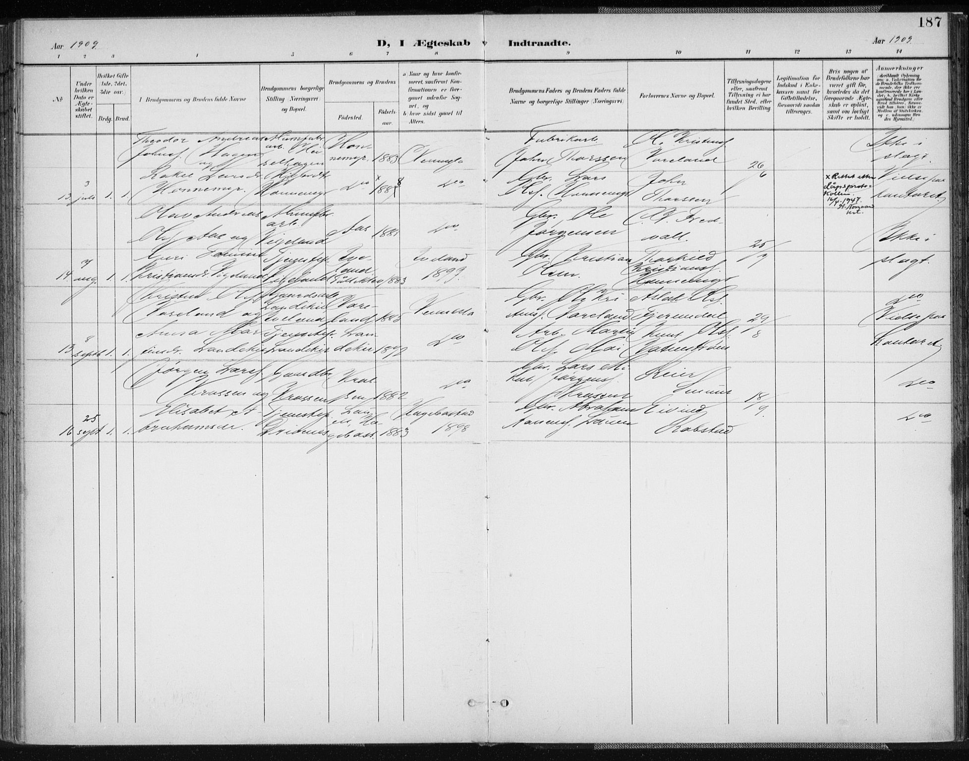 Vennesla sokneprestkontor, AV/SAK-1111-0045/Fa/Fab/L0005: Parish register (official) no. A 5, 1897-1909, p. 187