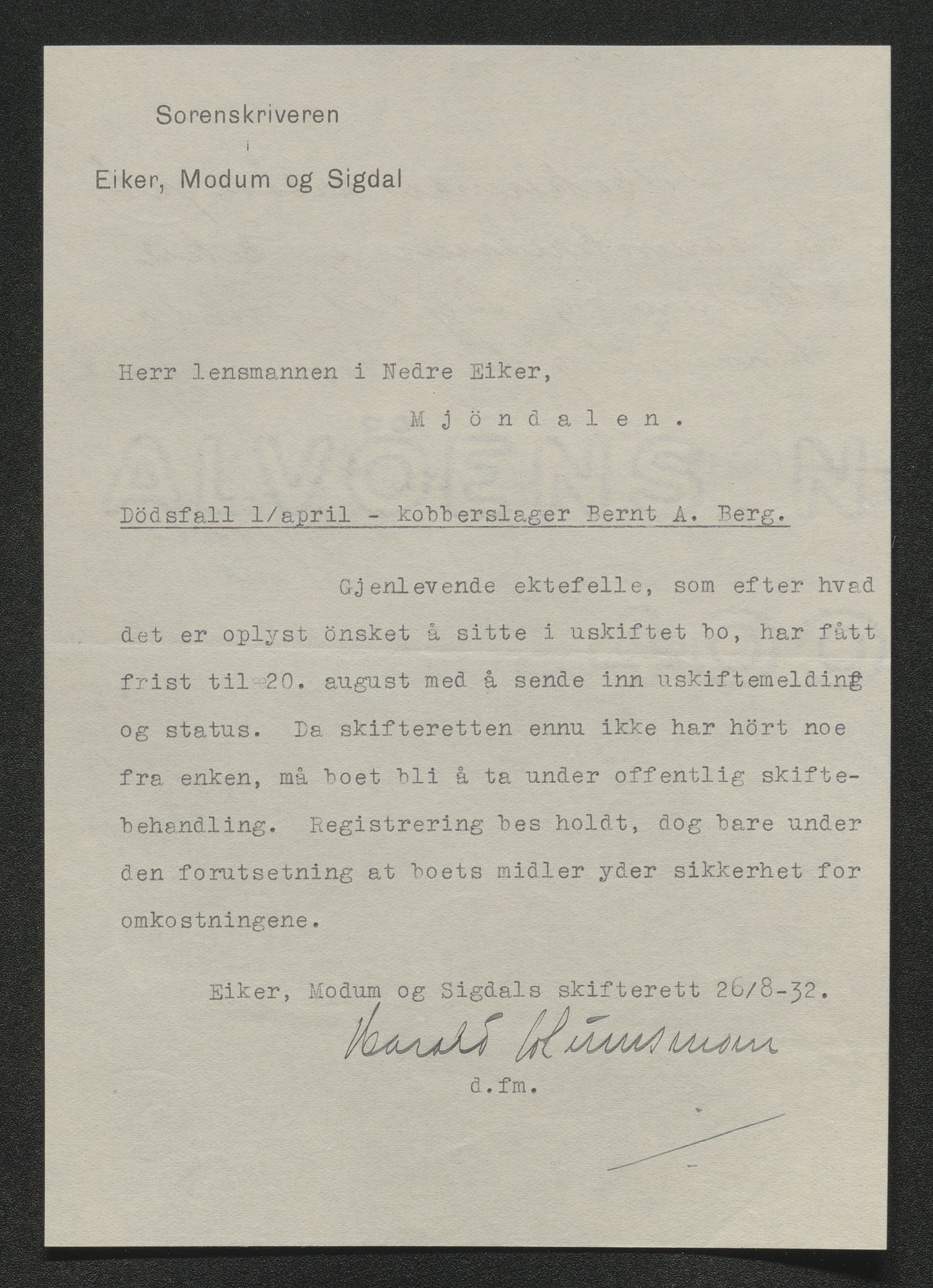 Eiker, Modum og Sigdal sorenskriveri, AV/SAKO-A-123/H/Ha/Hab/L0047: Dødsfallsmeldinger, 1932, p. 245