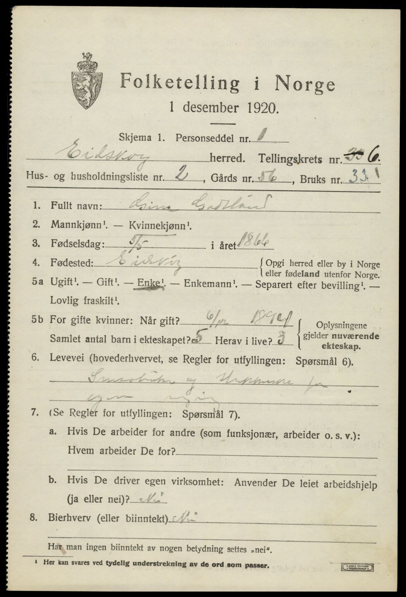 SAH, 1920 census for Eidskog, 1920, p. 6373