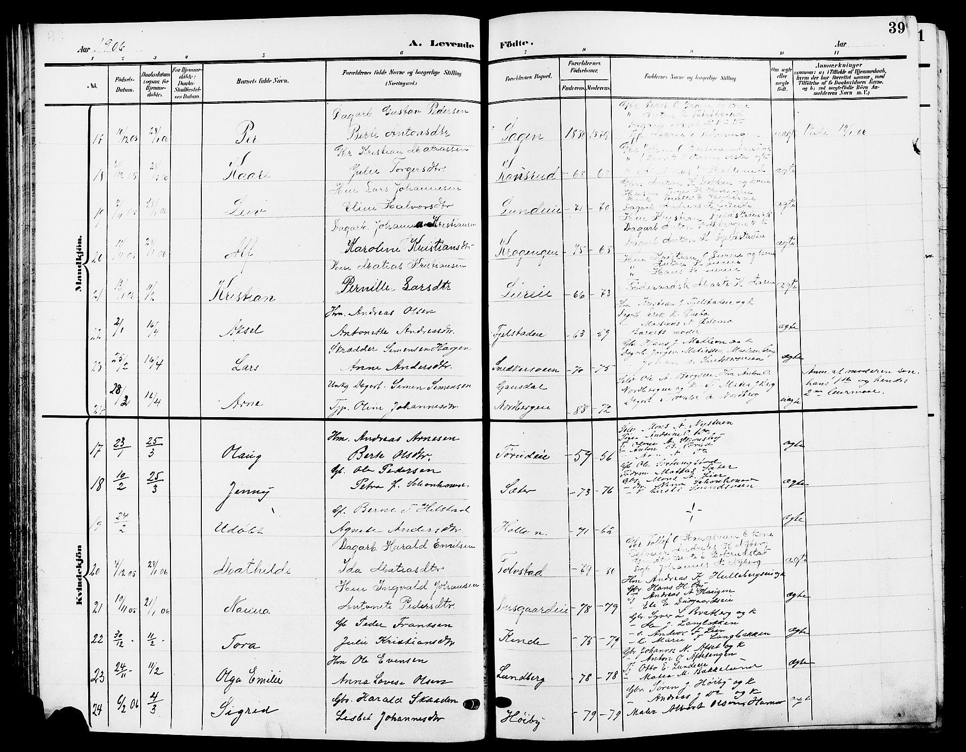 Ringsaker prestekontor, AV/SAH-PREST-014/L/La/L0015: Parish register (copy) no. 15, 1903-1912, p. 39