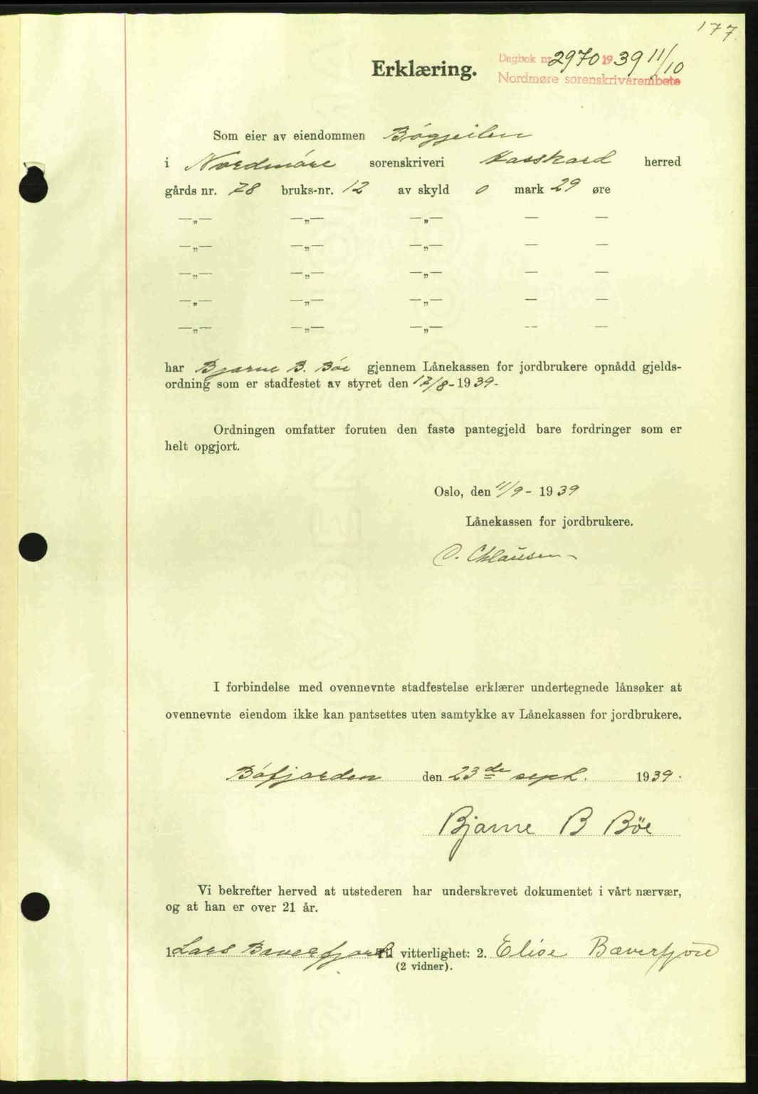 Nordmøre sorenskriveri, AV/SAT-A-4132/1/2/2Ca: Mortgage book no. B86, 1939-1940, Diary no: : 2970/1939