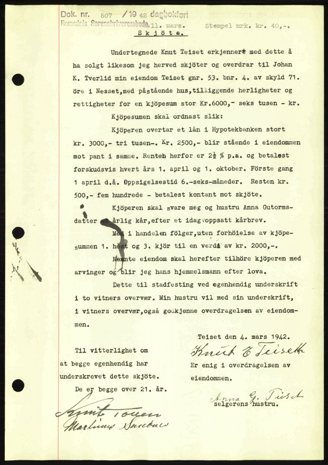 Romsdal sorenskriveri, AV/SAT-A-4149/1/2/2C: Mortgage book no. A12, 1942-1942, Diary no: : 507/1942