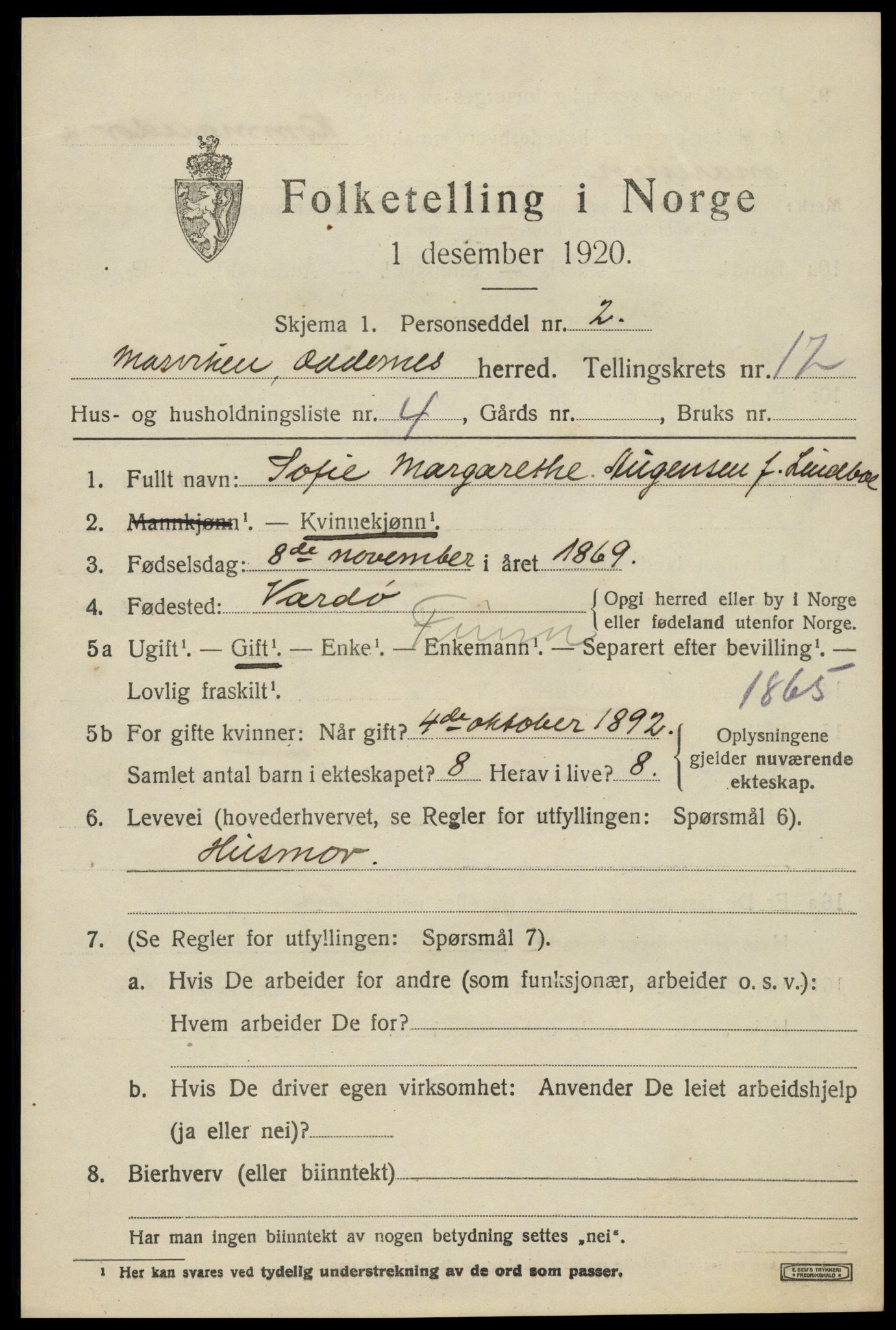 SAK, 1920 census for Oddernes, 1920, p. 12551