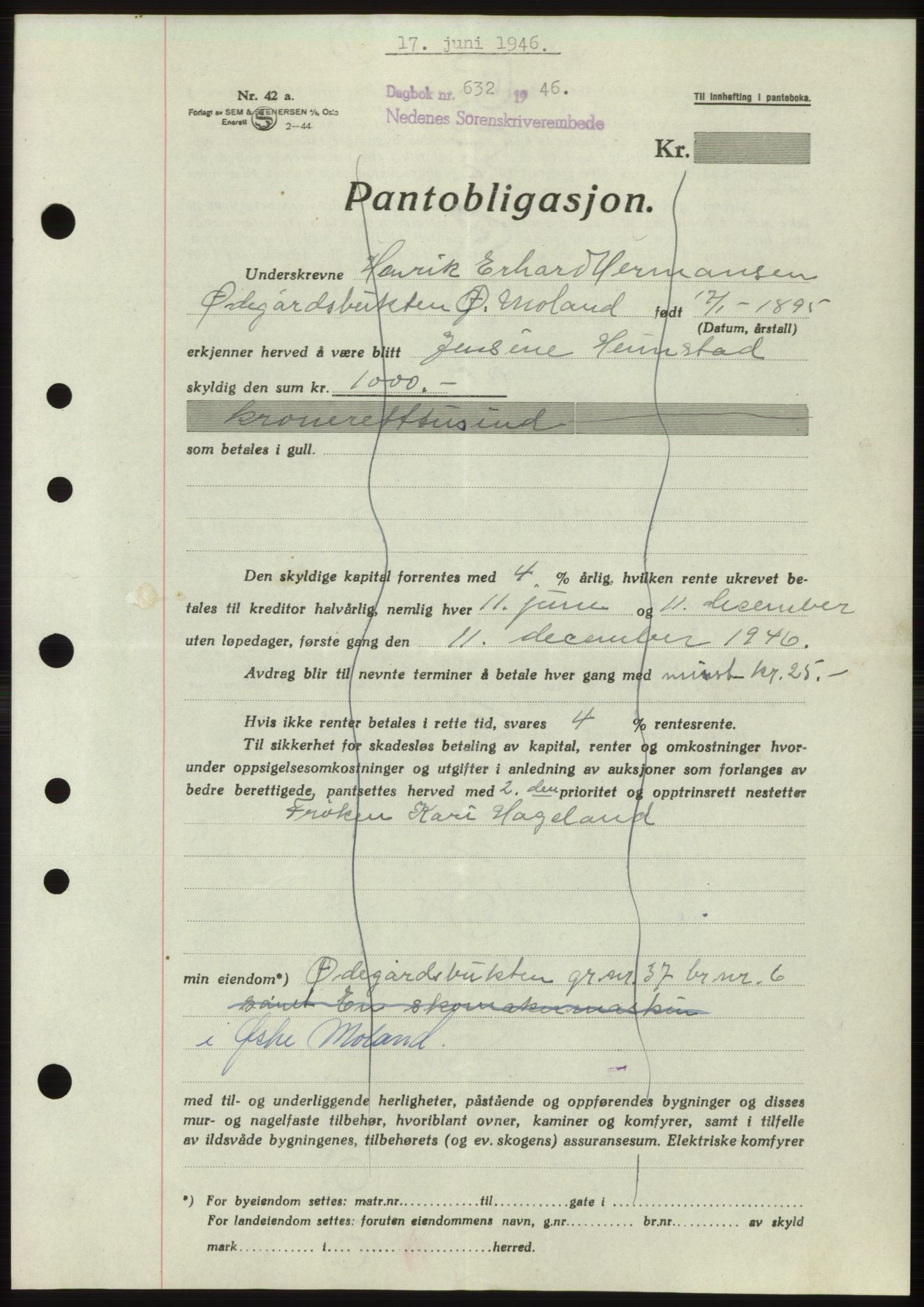 Nedenes sorenskriveri, SAK/1221-0006/G/Gb/Gbb/L0003: Mortgage book no. B3b, 1946-1946, Diary no: : 632/1946