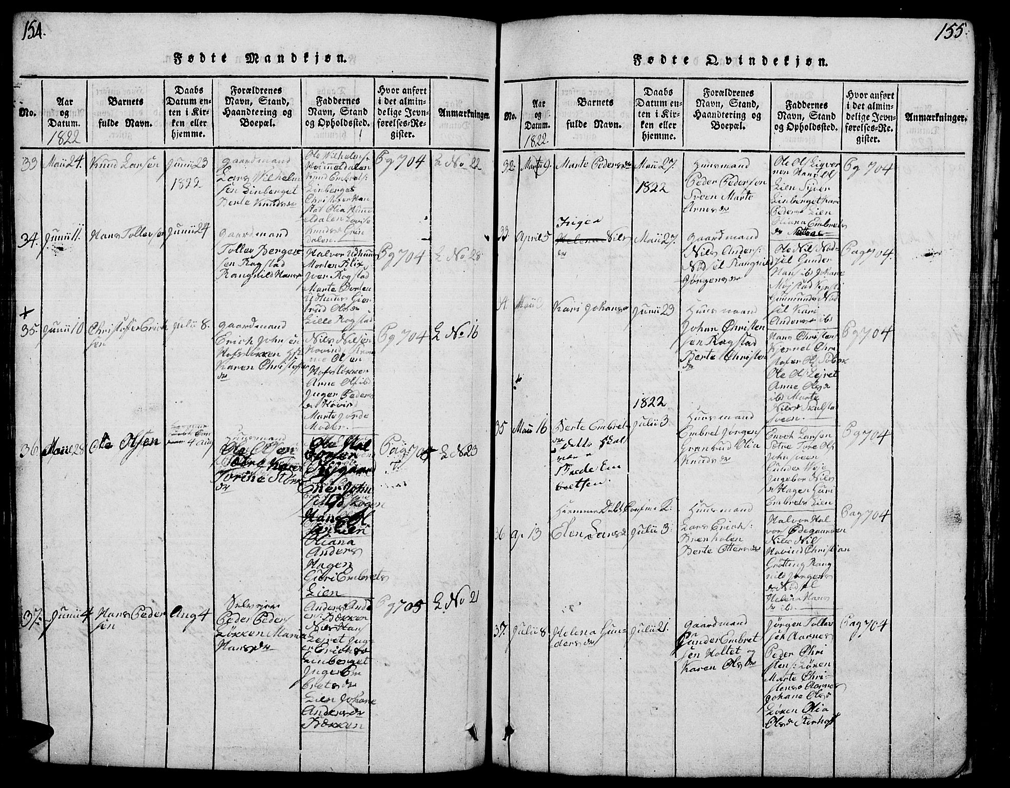 Elverum prestekontor, AV/SAH-PREST-044/H/Ha/Hab/L0001: Parish register (copy) no. 1, 1815-1829, p. 154-155