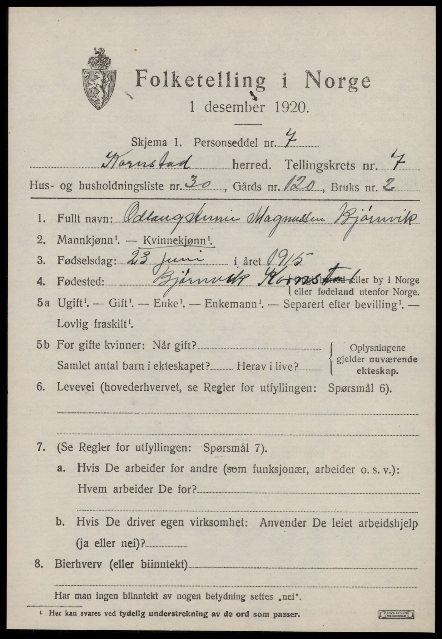 SAT, 1920 census for Kornstad, 1920, p. 4203