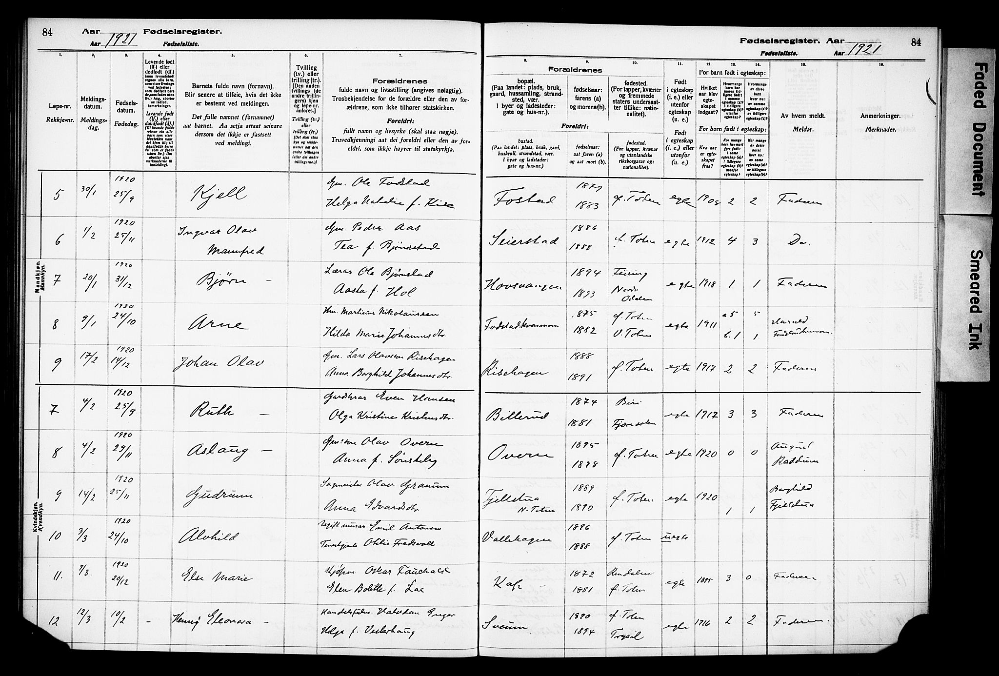 Østre Toten prestekontor, AV/SAH-PREST-104/I/Id/L0001/0001: Birth register no. 1.1, 1916-1928, p. 84