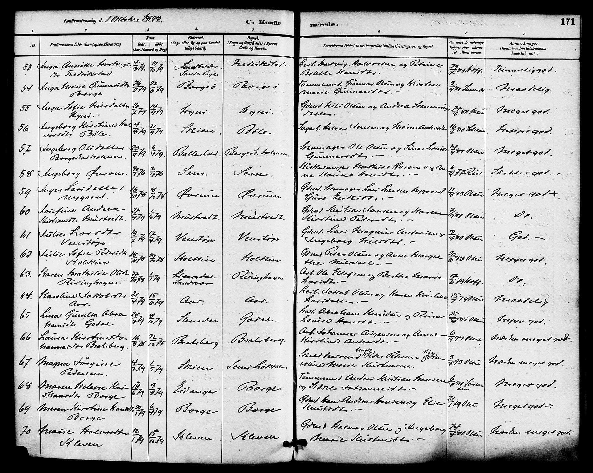 Gjerpen kirkebøker, AV/SAKO-A-265/F/Fa/L0010: Parish register (official) no. I 10, 1886-1895, p. 171