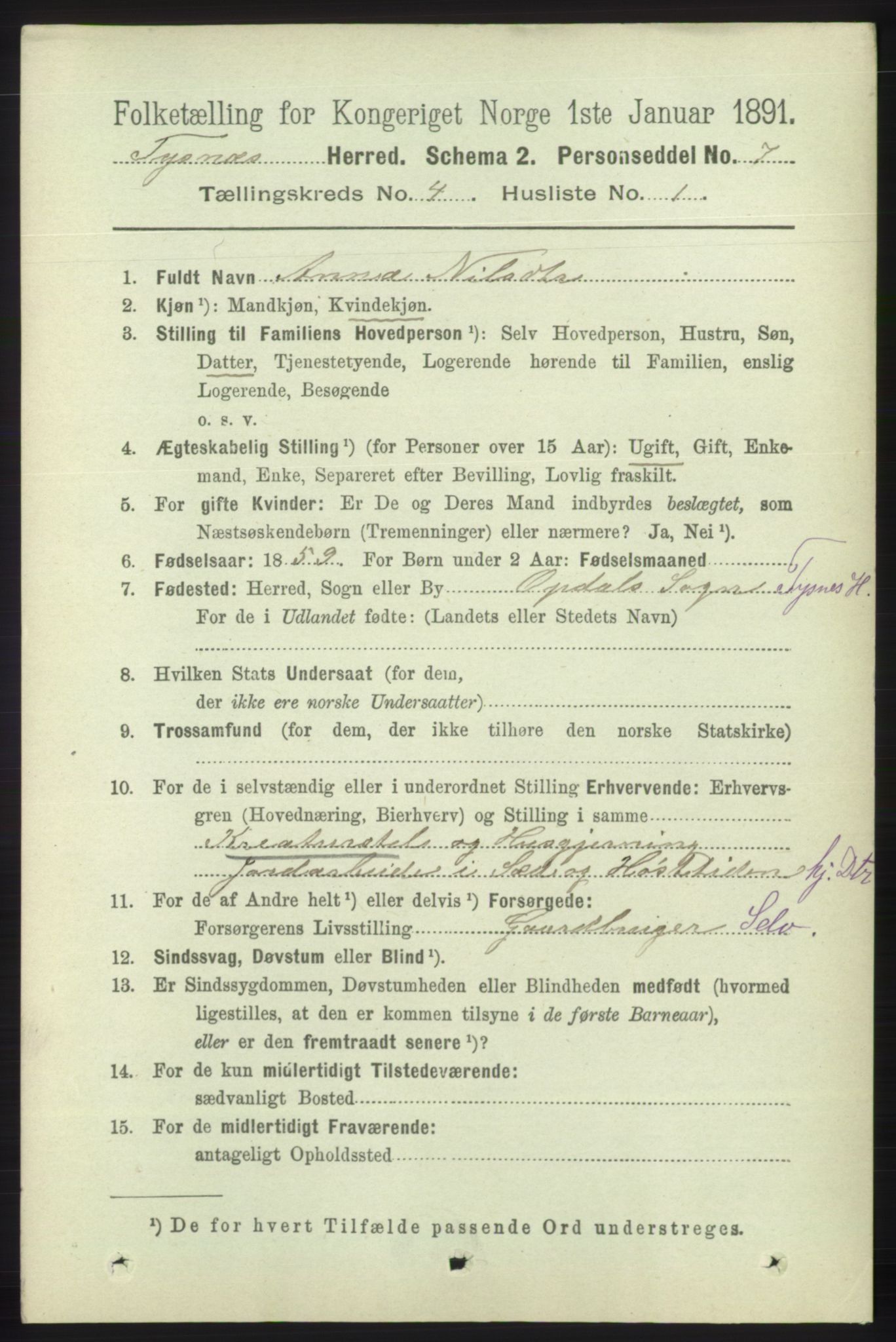 RA, 1891 census for 1223 Tysnes, 1891, p. 1538