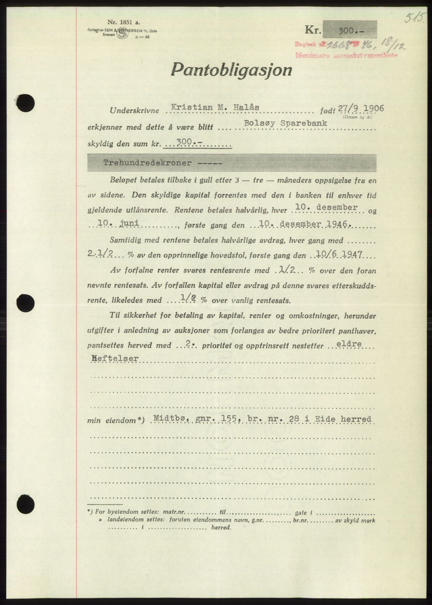 Nordmøre sorenskriveri, AV/SAT-A-4132/1/2/2Ca: Mortgage book no. B95, 1946-1947, Diary no: : 2668/1946