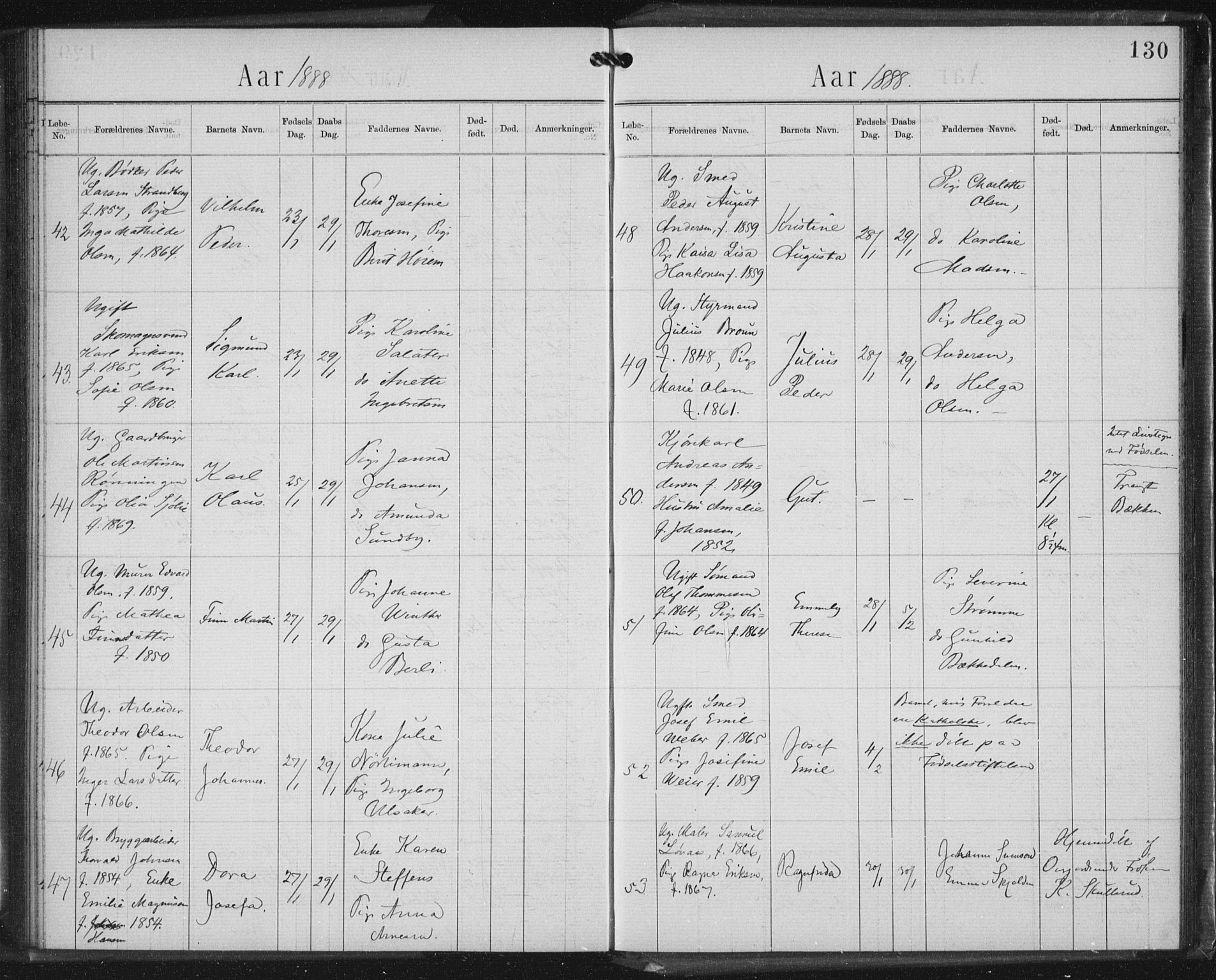 Rikshospitalet prestekontor Kirkebøker, SAO/A-10309b/K/L0003/0002: Baptism register no. 3.2, 1884-1889, p. 130