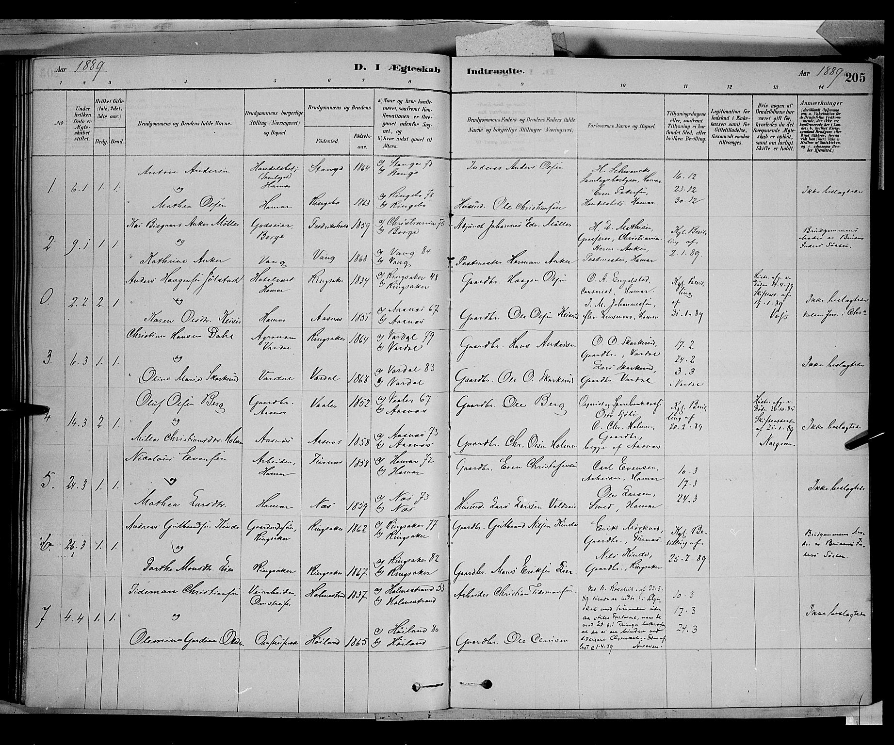 Vang prestekontor, Hedmark, SAH/PREST-008/H/Ha/Haa/L0016: Parish register (official) no. 16, 1878-1889, p. 205