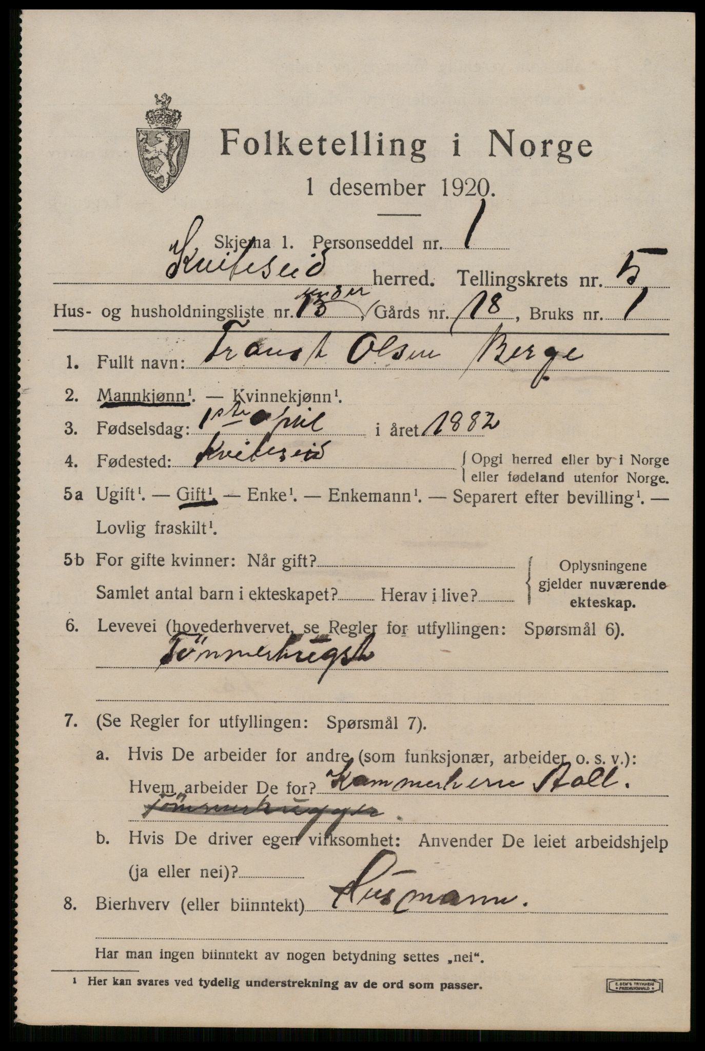 SAKO, 1920 census for Kviteseid, 1920, p. 2967