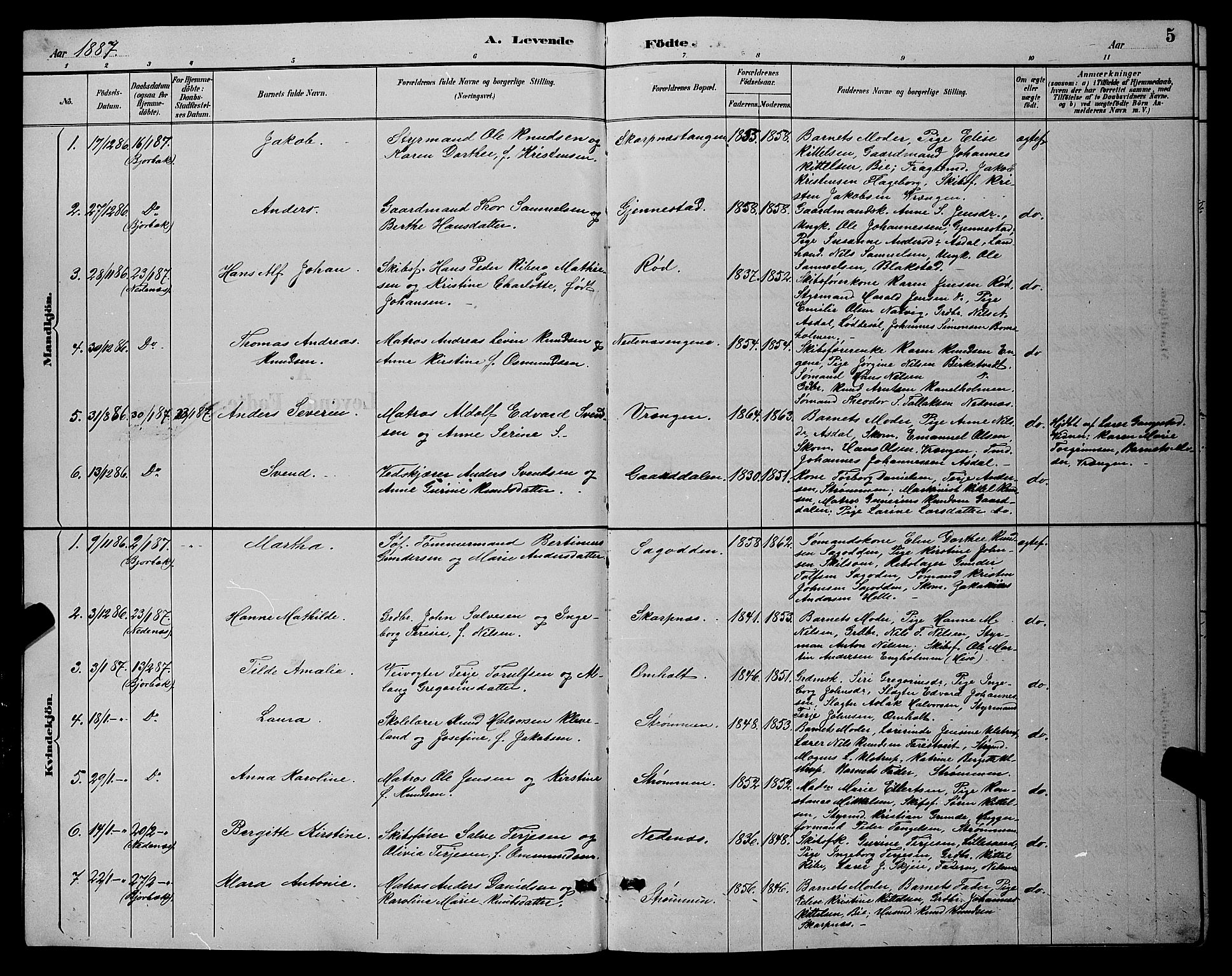 Øyestad sokneprestkontor, AV/SAK-1111-0049/F/Fb/L0009: Parish register (copy) no. B 9, 1886-1896, p. 5