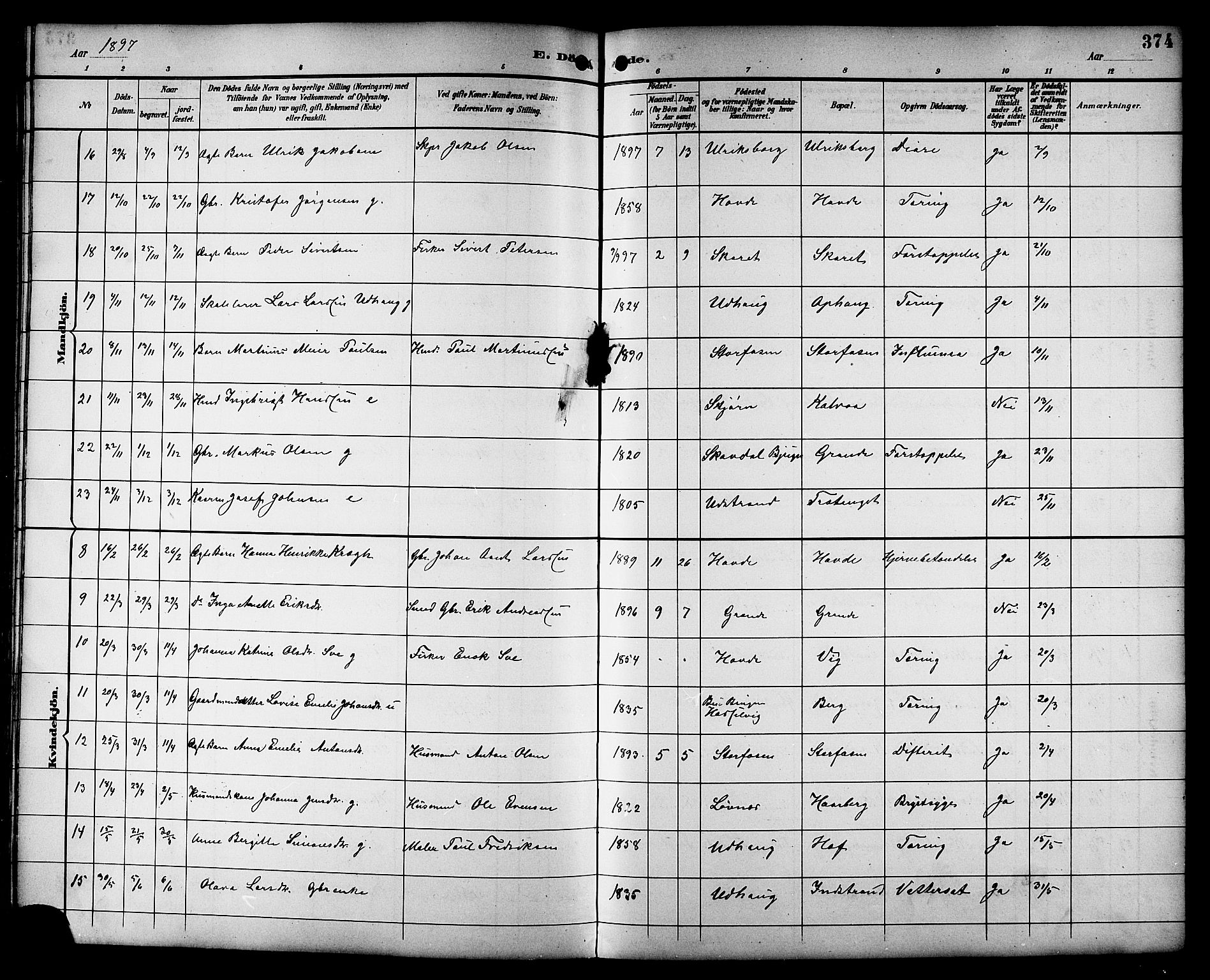 Ministerialprotokoller, klokkerbøker og fødselsregistre - Sør-Trøndelag, SAT/A-1456/659/L0746: Parish register (copy) no. 659C03, 1893-1912, p. 374