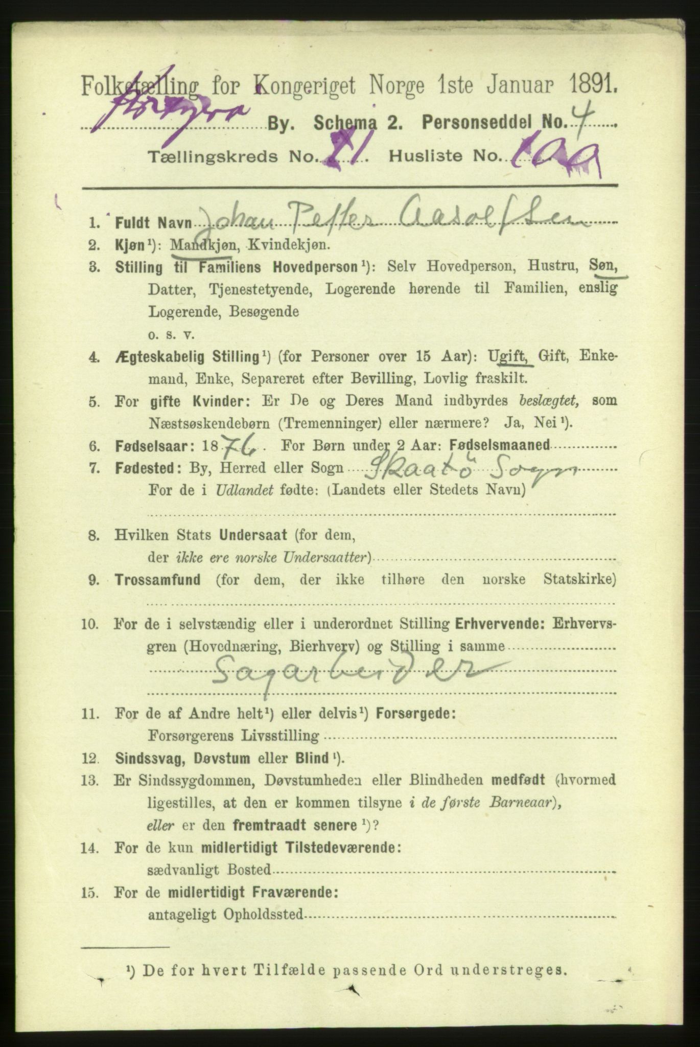 RA, 1891 census for 0801 Kragerø, 1891, p. 2497