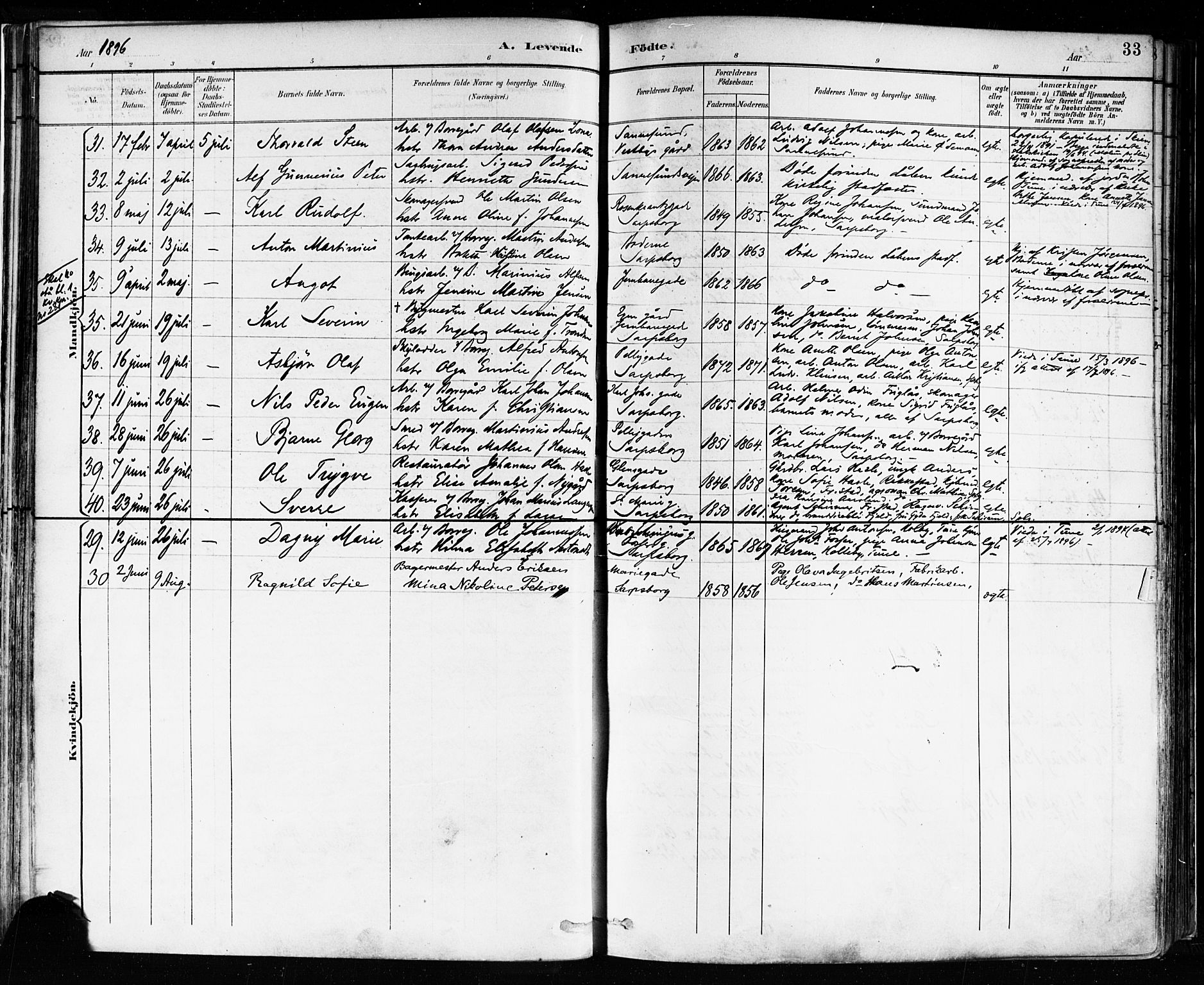 Sarpsborg prestekontor Kirkebøker, AV/SAO-A-2006/F/Fa/L0004: Parish register (official) no. 4, 1892-1899, p. 33