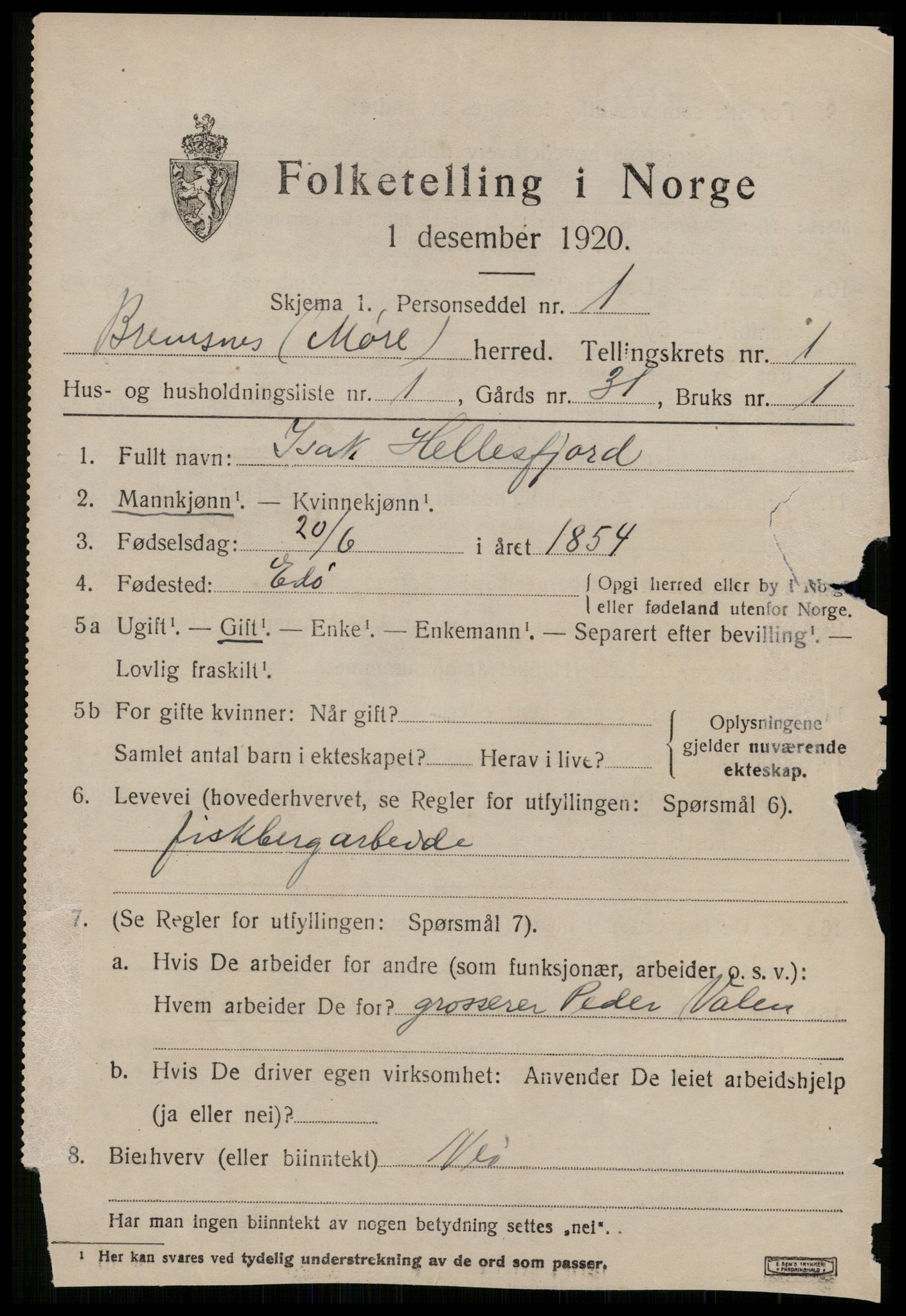 SAT, 1920 census for Bremsnes, 1920, p. 1485