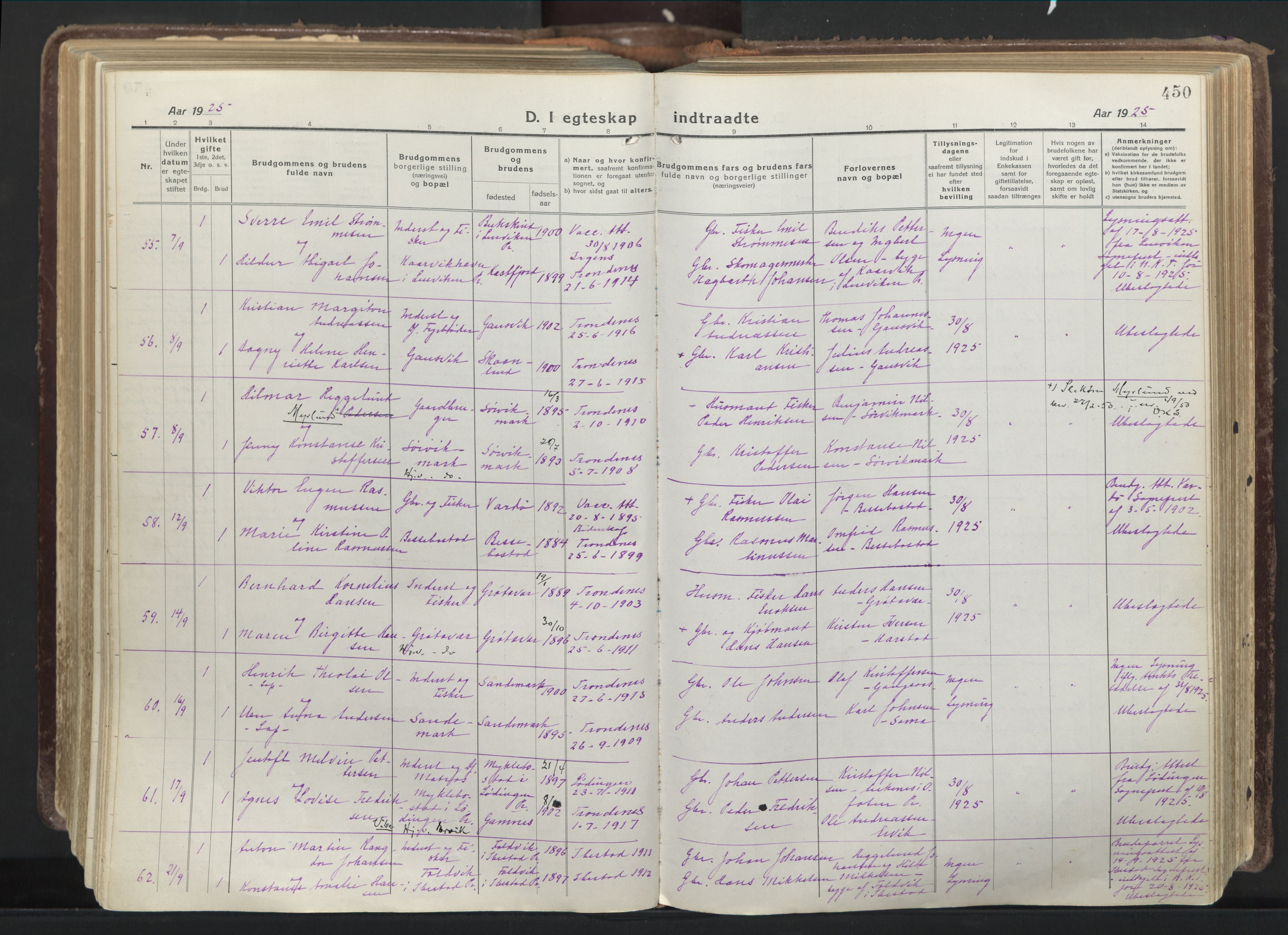 Trondenes sokneprestkontor, SATØ/S-1319/H/Ha/L0019kirke: Parish register (official) no. 19, 1919-1928, p. 450
