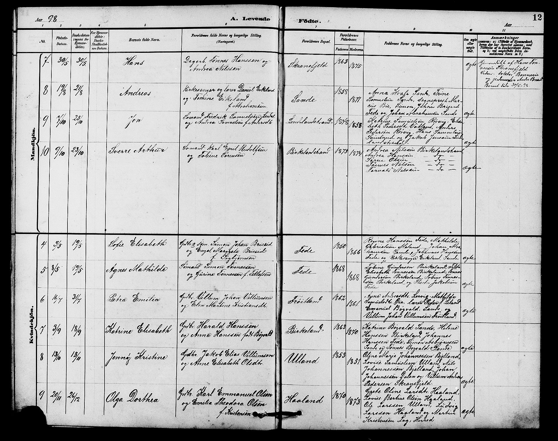 Kvinesdal sokneprestkontor, AV/SAK-1111-0026/F/Fb/Fba/L0004: Parish register (copy) no. B 4, 1894-1909, p. 12