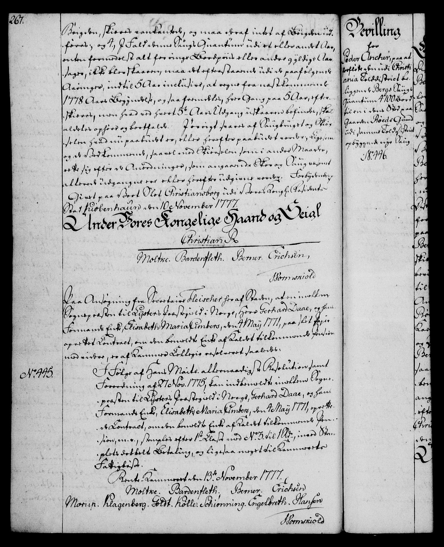 Rentekammeret, Kammerkanselliet, RA/EA-3111/G/Gg/Gga/L0010: Norsk ekspedisjonsprotokoll med register (merket RK 53.10), 1773-1778, p. 267