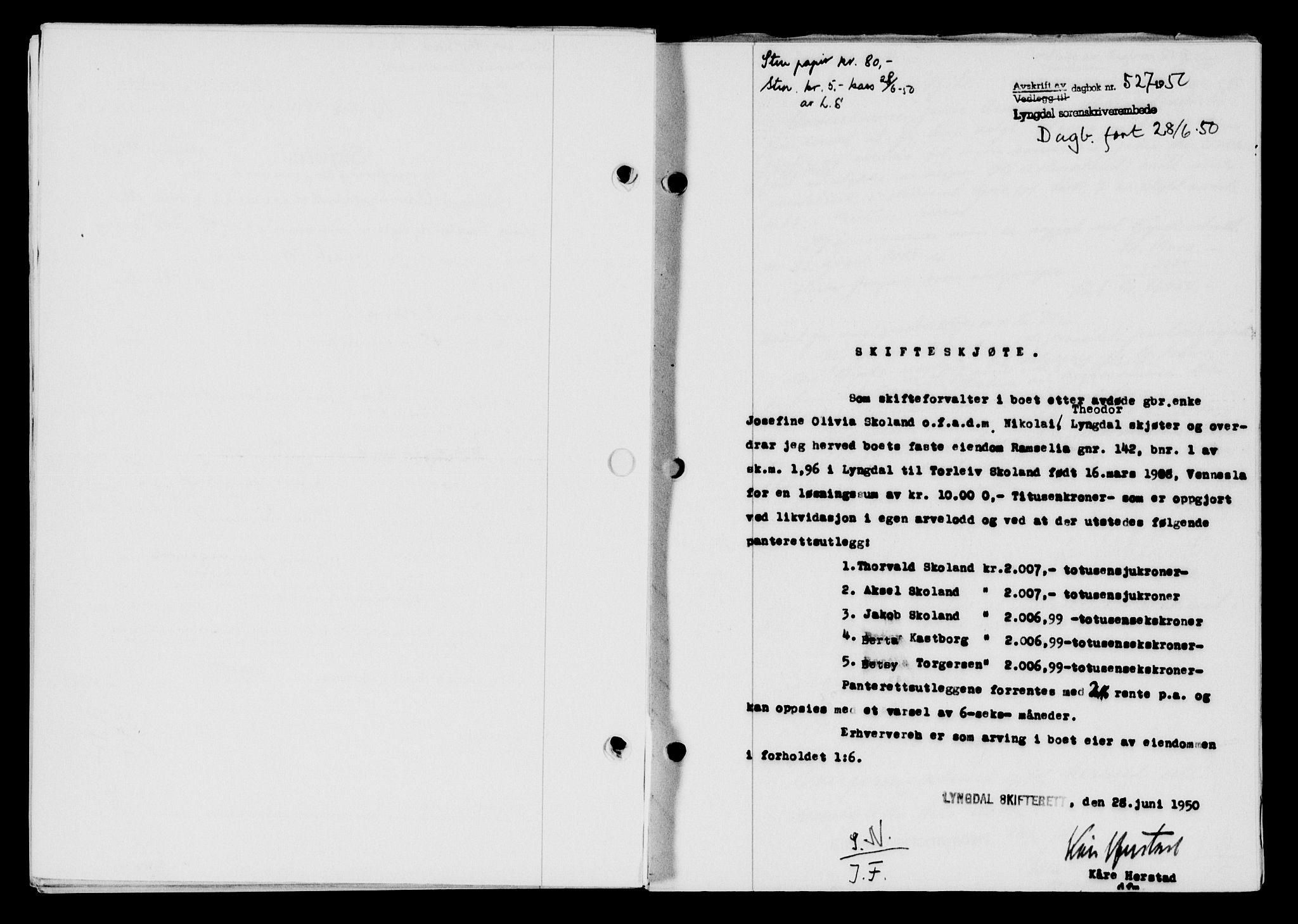 Lyngdal sorenskriveri, AV/SAK-1221-0004/G/Gb/L0665: Mortgage book no. A XI, 1950-1950, Diary no: : 527/1950