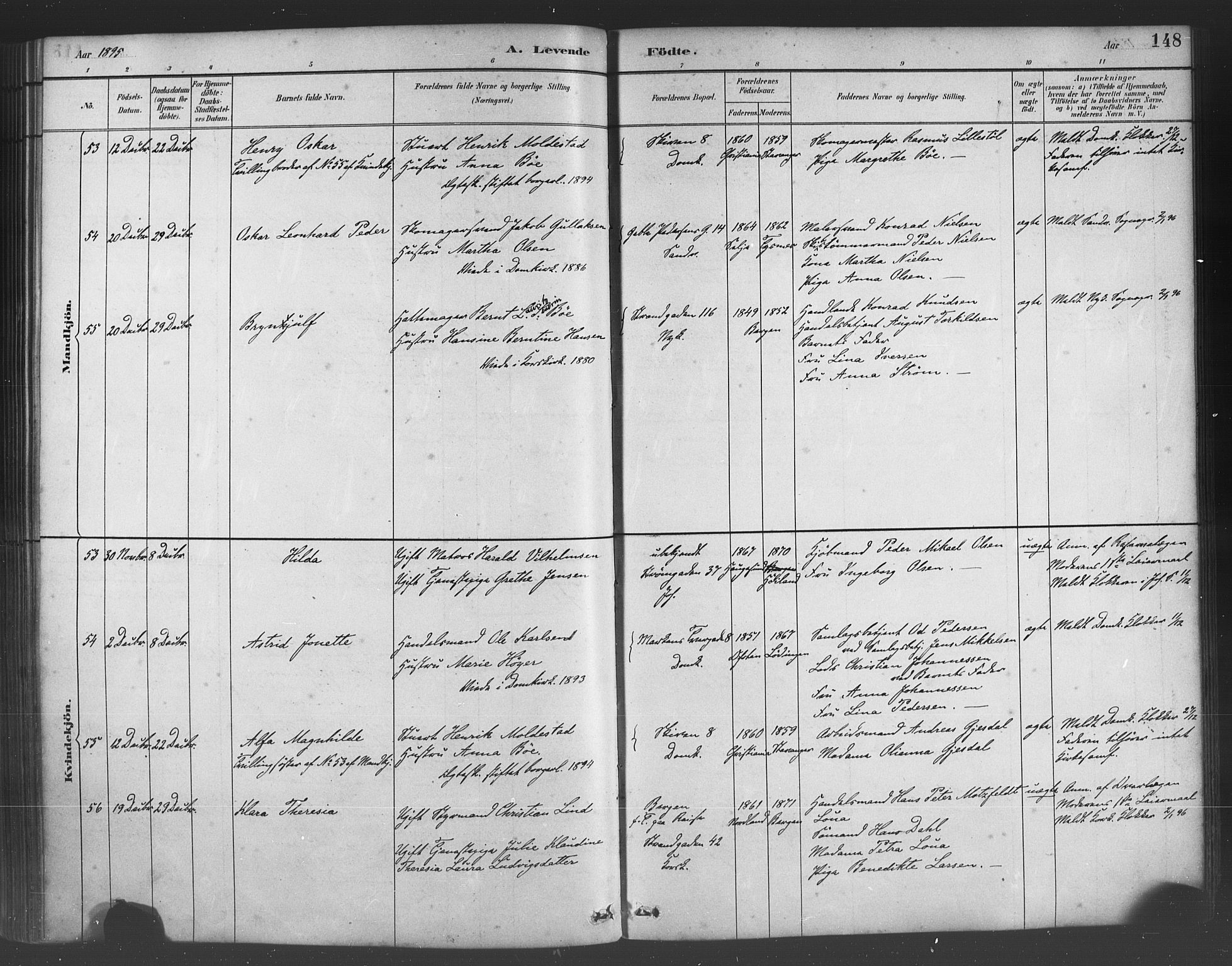 Fødselsstiftelsens sokneprestembete*, SAB/-: Parish register (official) no. A 2, 1884-1900, p. 148