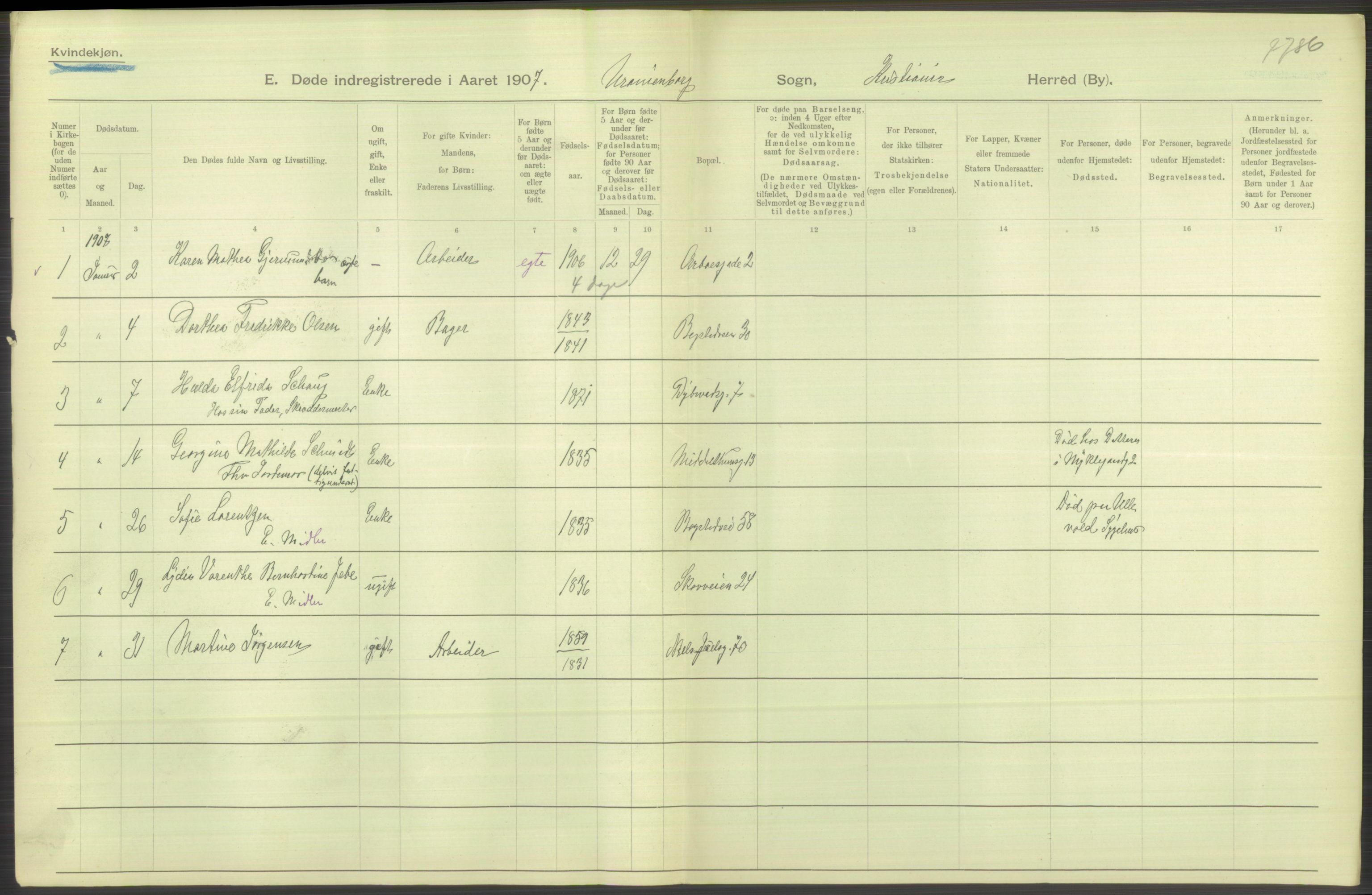 Statistisk sentralbyrå, Sosiodemografiske emner, Befolkning, AV/RA-S-2228/D/Df/Dfa/Dfae/L0009: Kristiania: Døde, 1907, p. 342