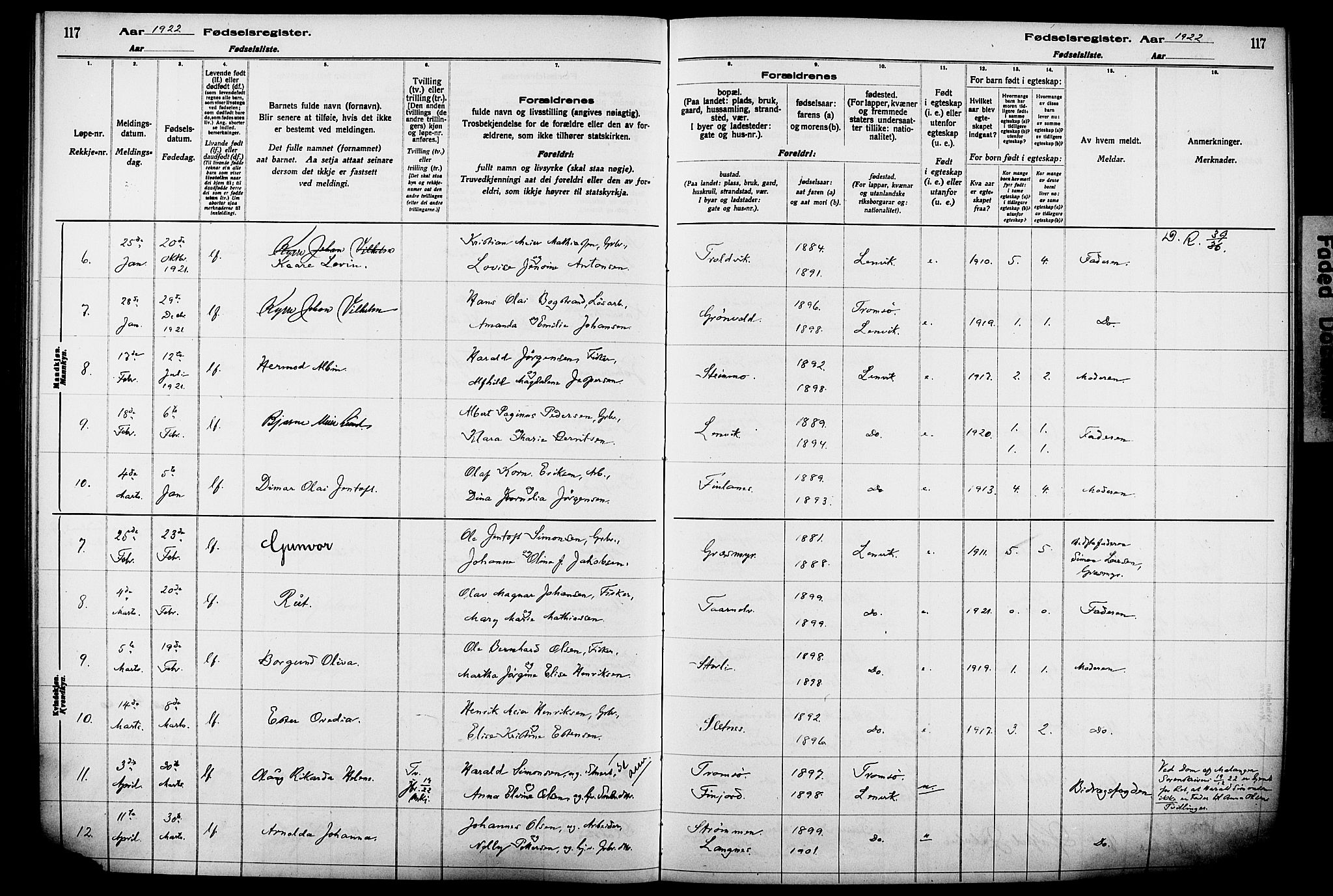 Lenvik sokneprestembete, AV/SATØ-S-1310/I/Ic/L0089: Birth register no. 89, 1916-1926, p. 117